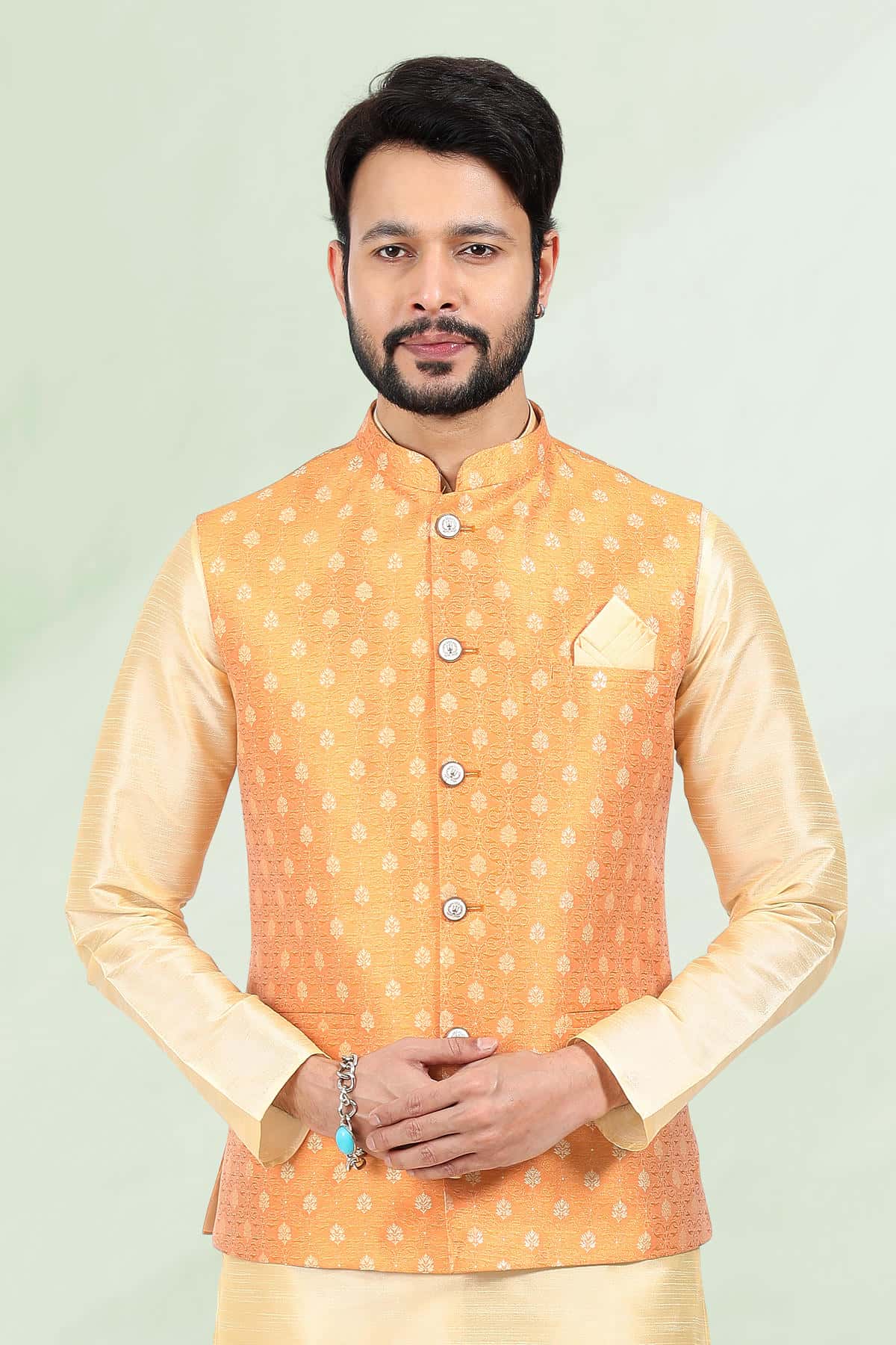 Orange Colour Jacquard Banarasi Silk Woven Work Kurta Pajama With Jacket