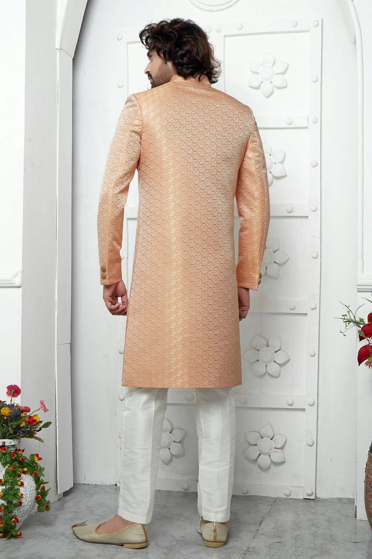 Orange Colour Jacquard Silk Indowestern Sherwani With Aligadhi Pant SH1230041 B