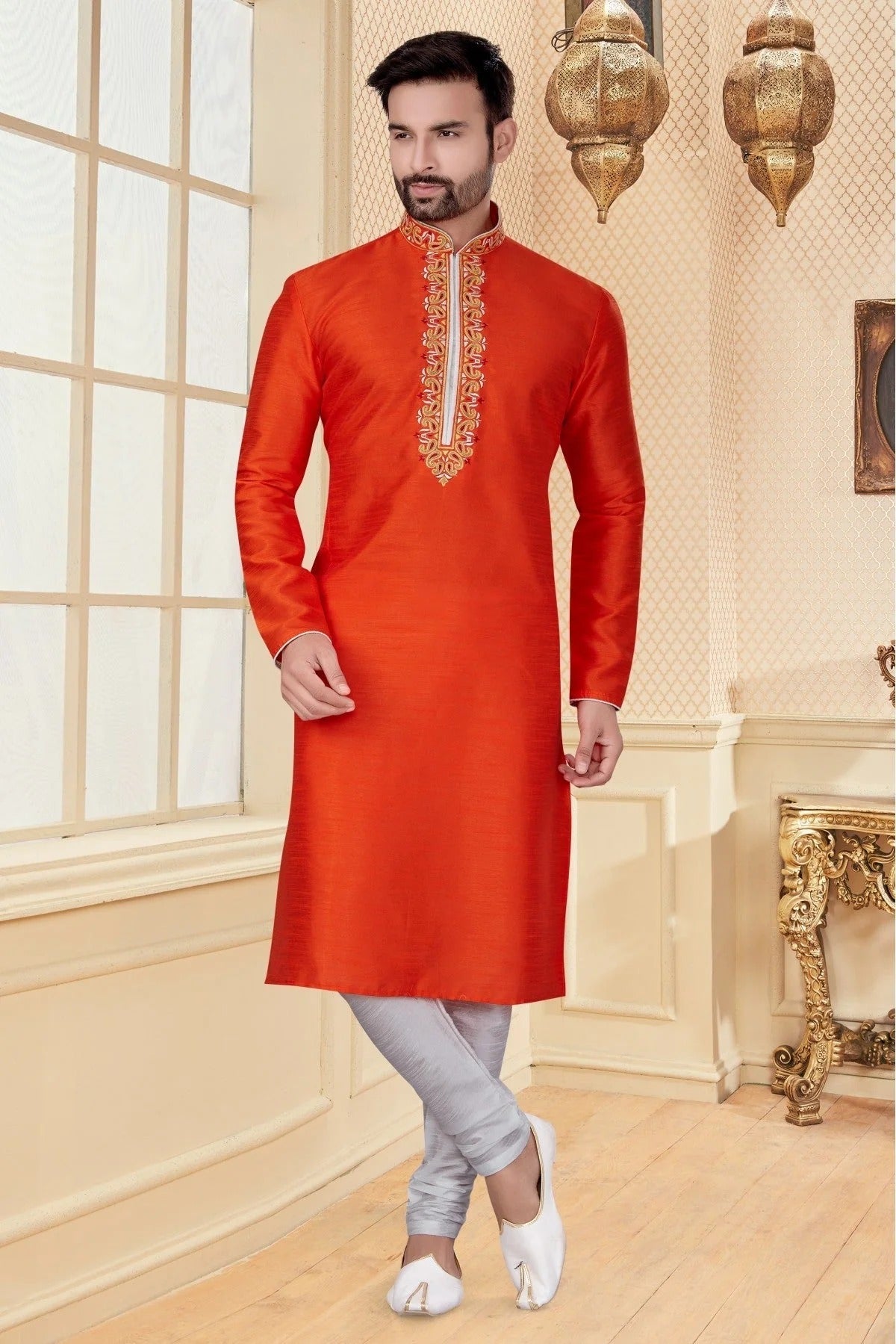 Orange Colour Kurta Pajama In Silk Dupion Fabric KP1040106