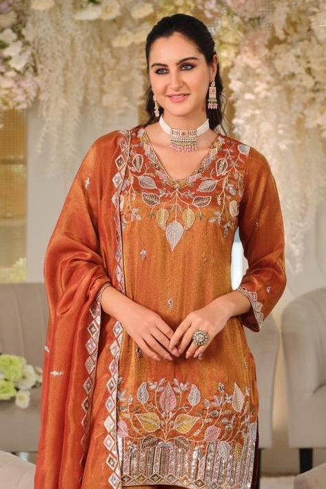 Orange Colour Roman Silk Embroidery Work Palazzo Pant Suit