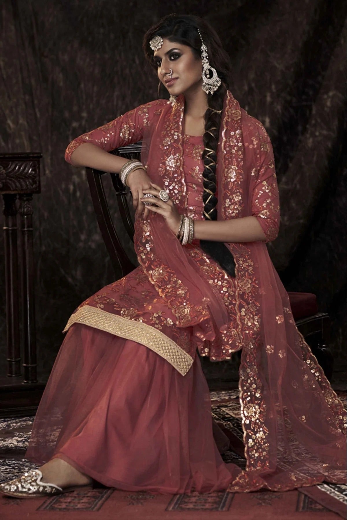 Orange Colour Soft Net Sequins Work Sharara Suit SM1080660 A