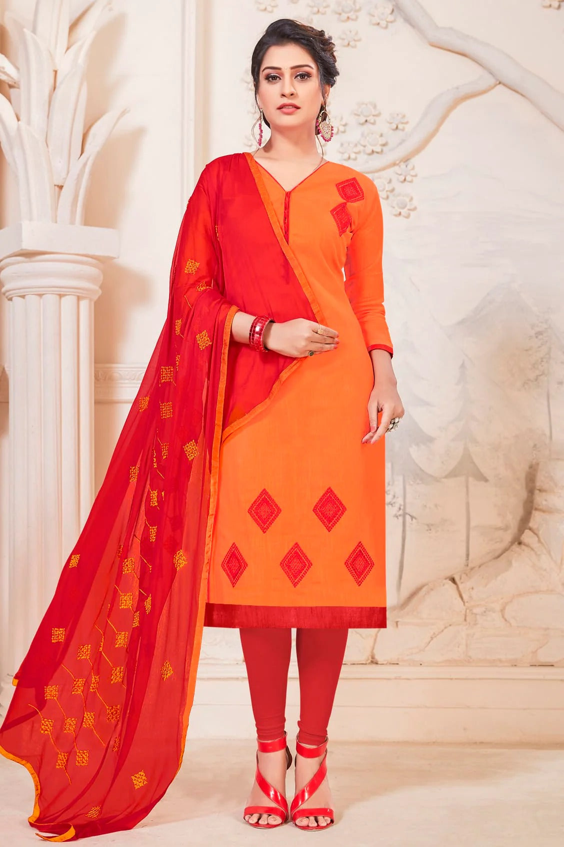 Orange Colour Unstitched South Cotton Slub Churidar Suit US1161118