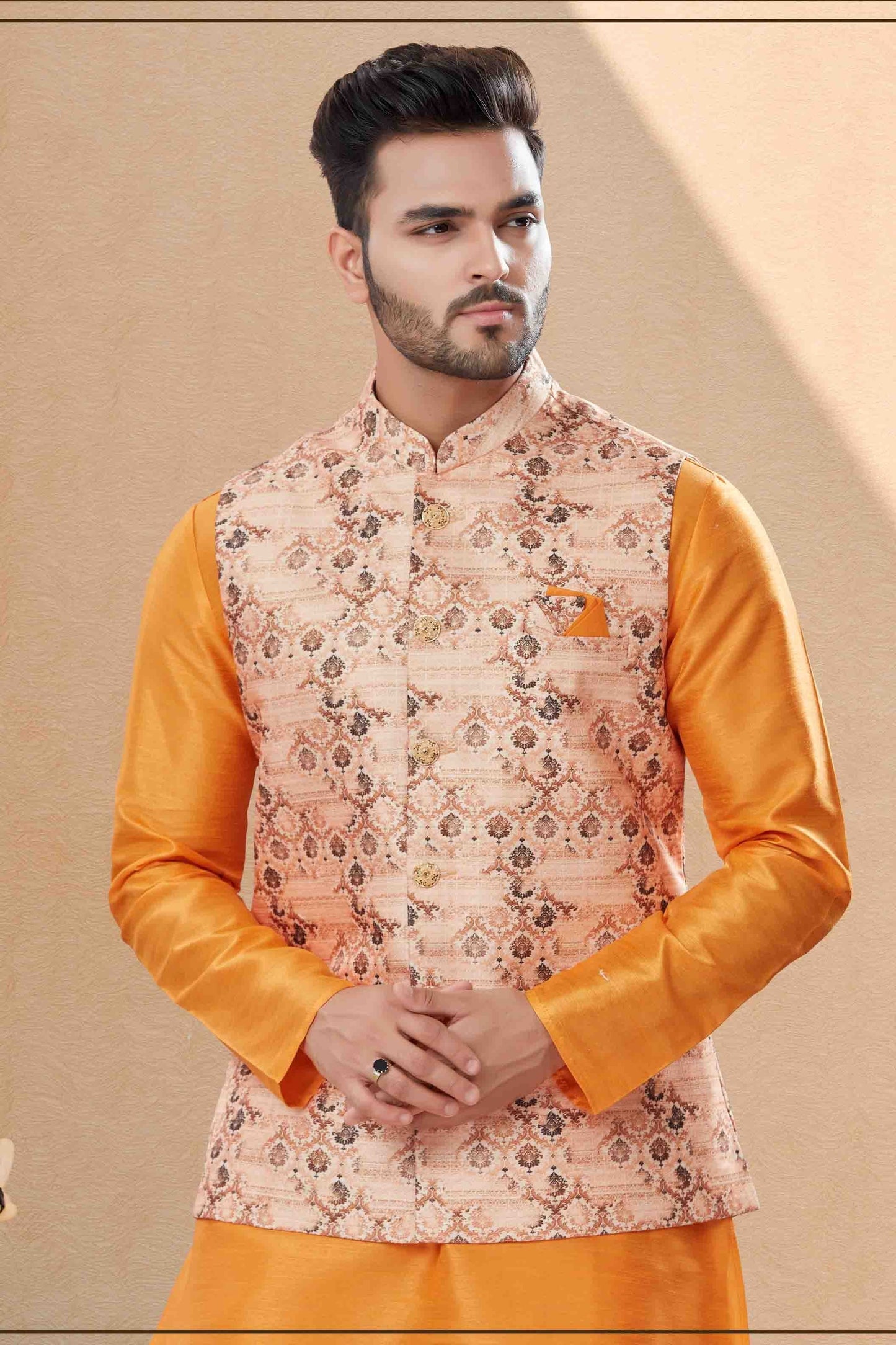 Orange and Multicolour Colour Kurta Pajama With Jacket In Silk Dupion Fabric KP1040451 A