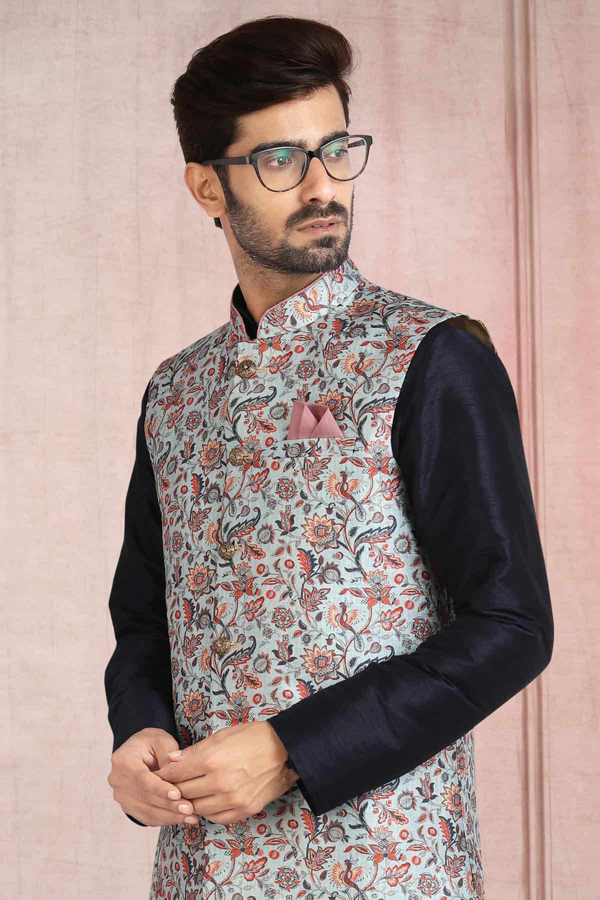 Pastel Blue Colour Banarasi Silk Digital Printed Kurta Pajama With Jacket