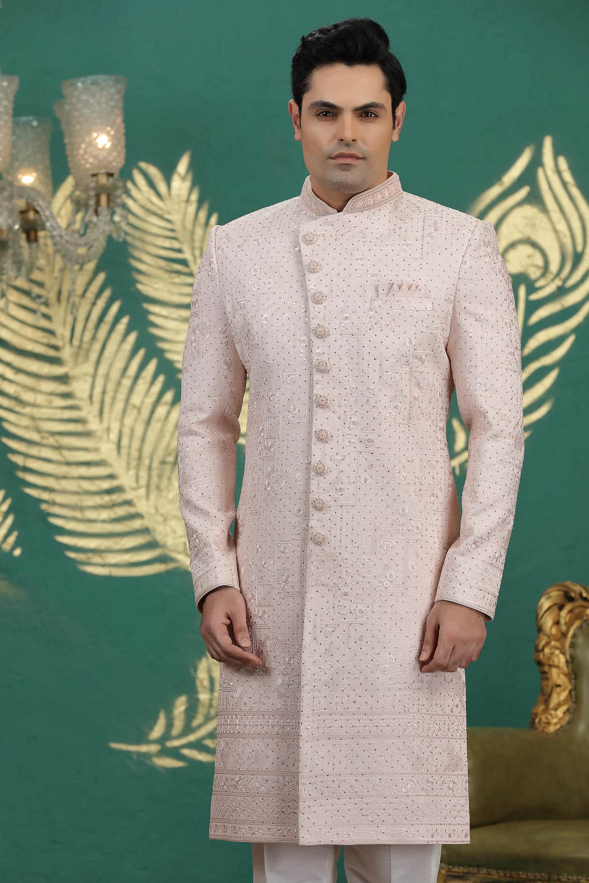 Peach Colour Art Silk Embroidery Sherwani