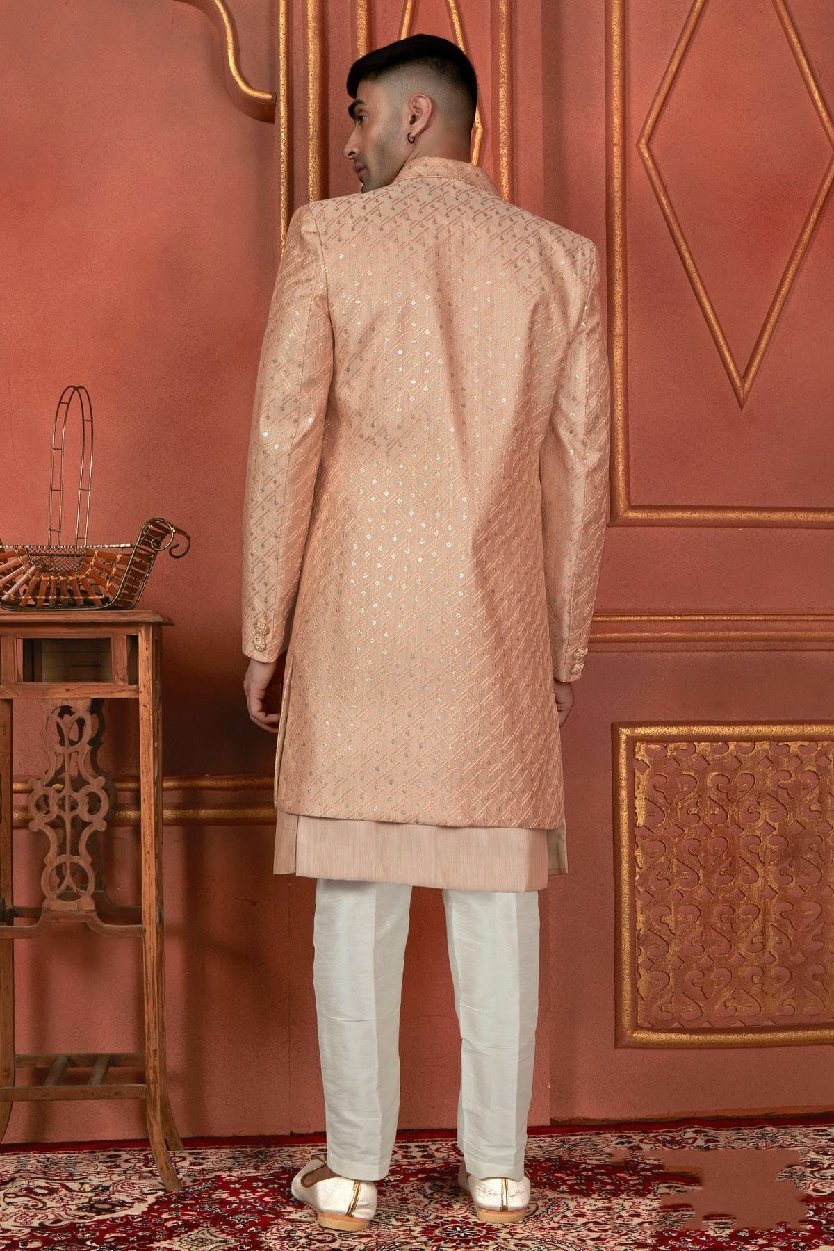 Peach Colour Art Silk Indowestern Sherwani With Aligadhi Pant SH1230088 B