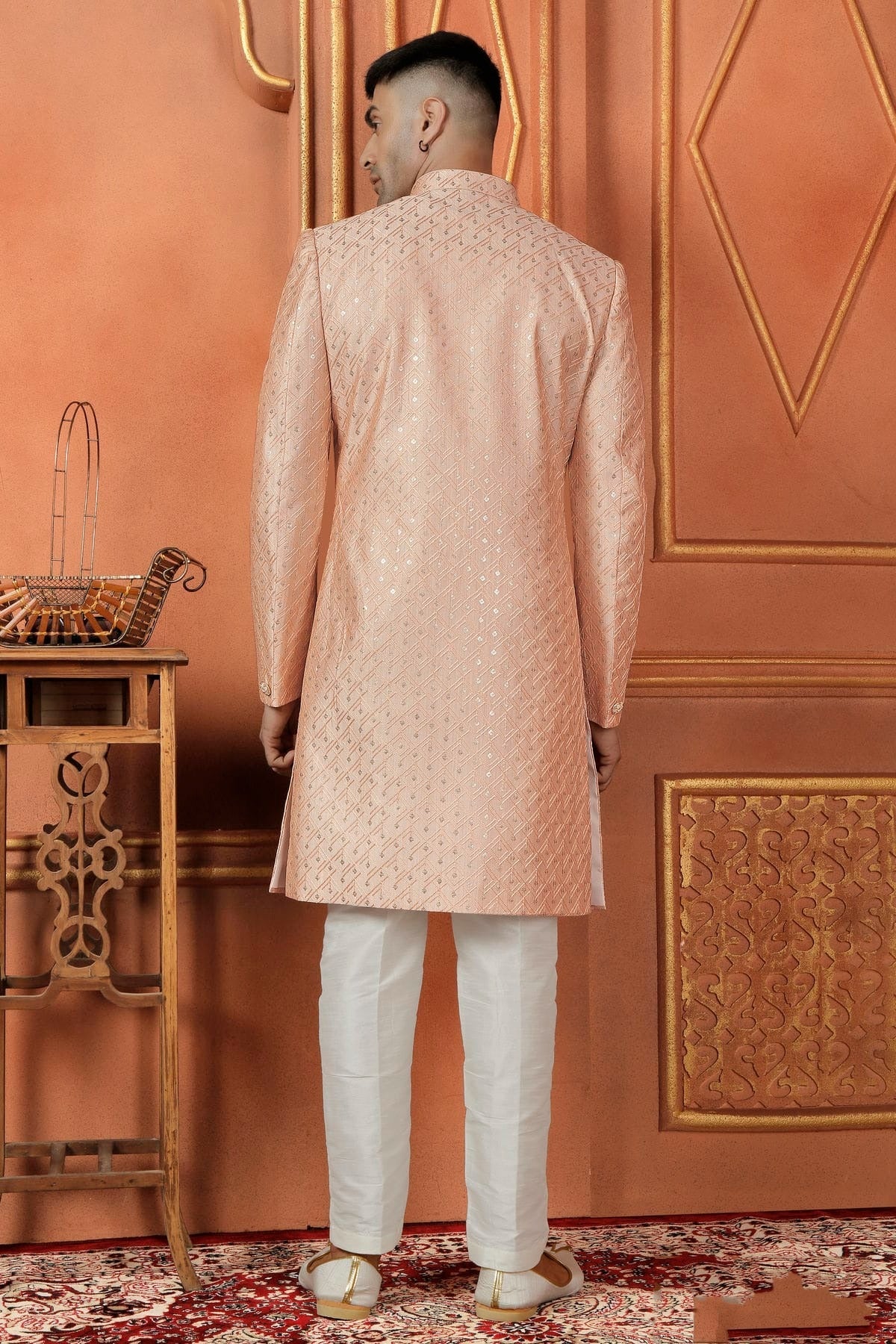 Peach Colour Art Silk Indowestern Sherwani With Aligadhi Pant SH1230101 B