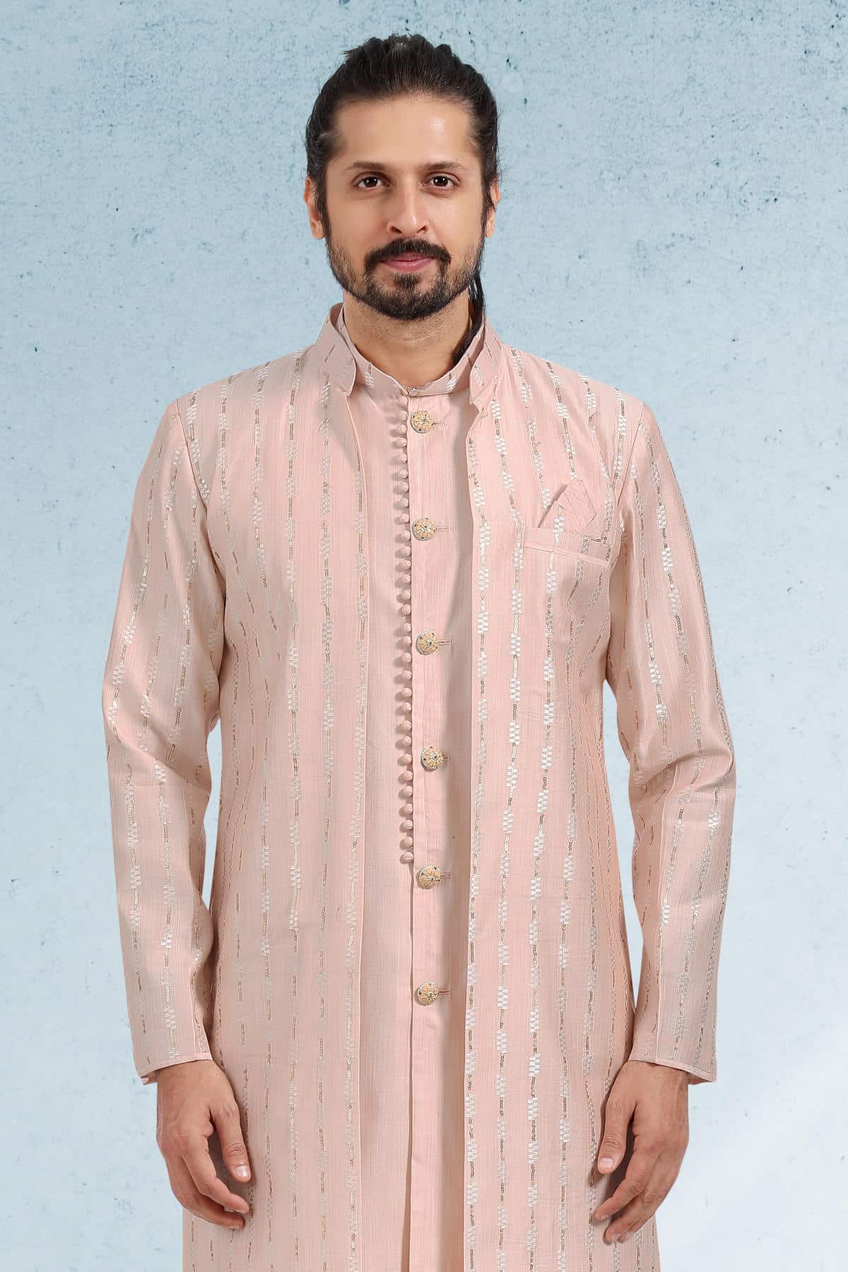 Peach Colour Art Silk Thread Work Kurta Pajama With Jacket