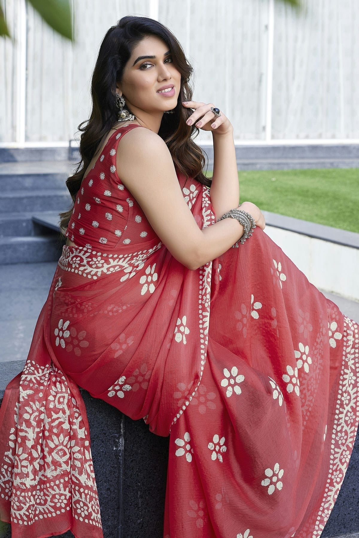 Peach Colour Chinon Chiffon Printed Saree SD1180131 A
