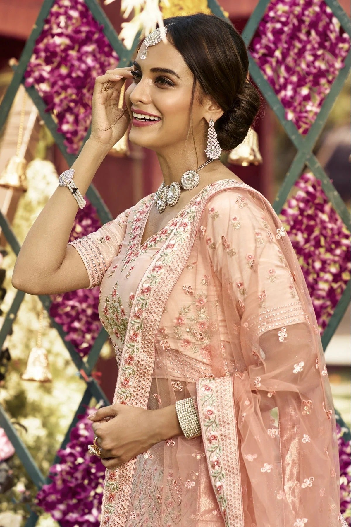Peach Colour Crepe Embroidery Bridal Lehenga Choli LC1080081 A