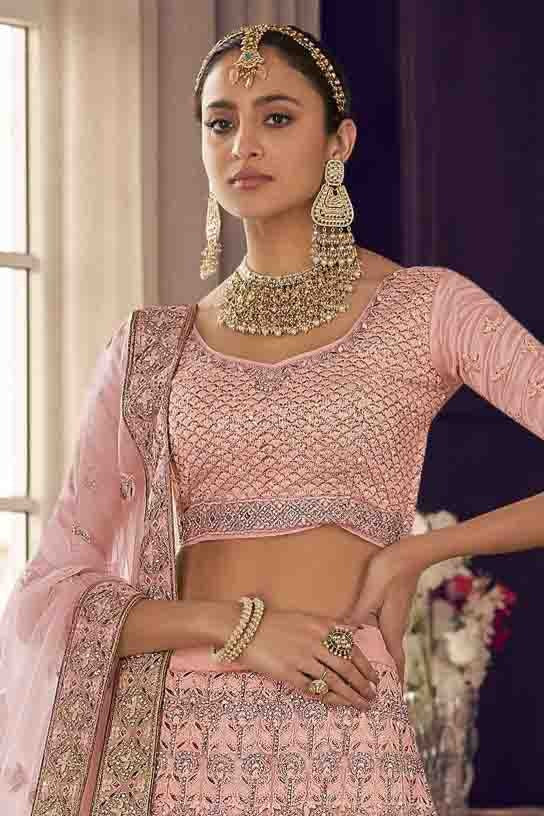 Peach Colour Crepe Thread Work Lehenga Choli LC1080168 A