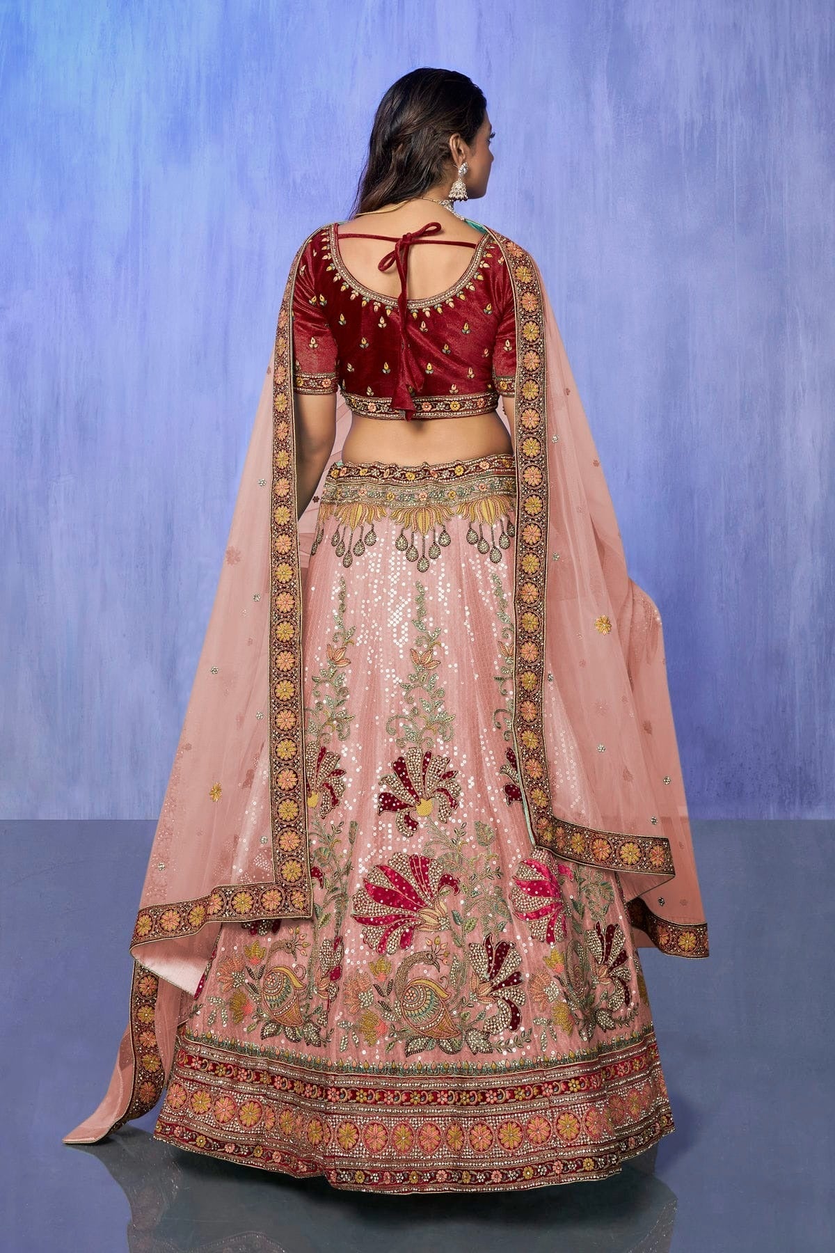 Peach Colour Embroidery Velvet Lehenga Choli LD1080746 A
