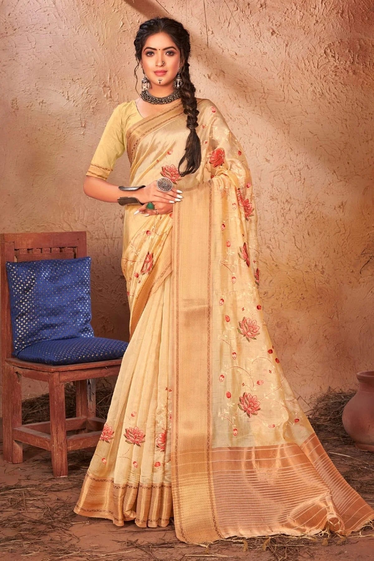 Peach Colour Embroidery Work Organza Saree SD1101387