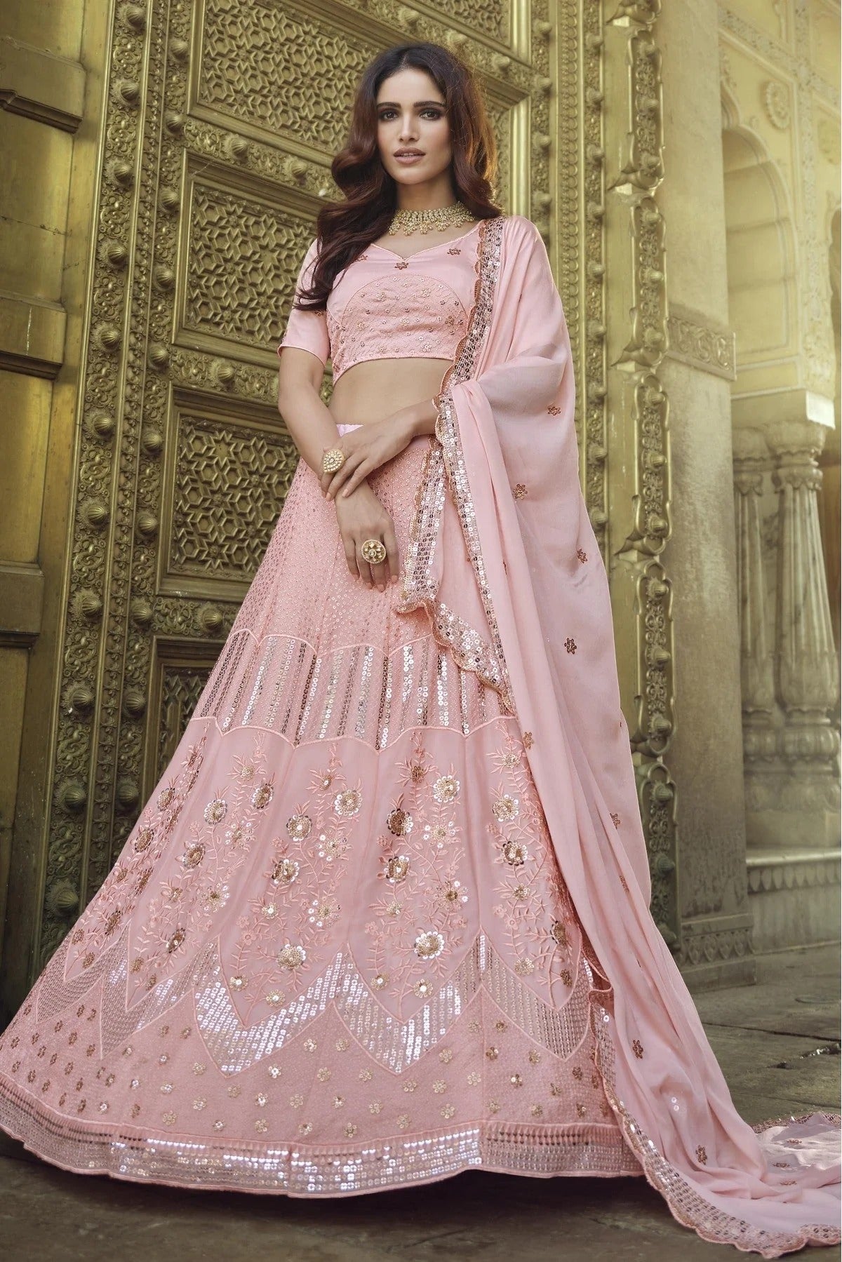 Peach Colour Georgette Sequins Work Lehenga Choli LC1080561