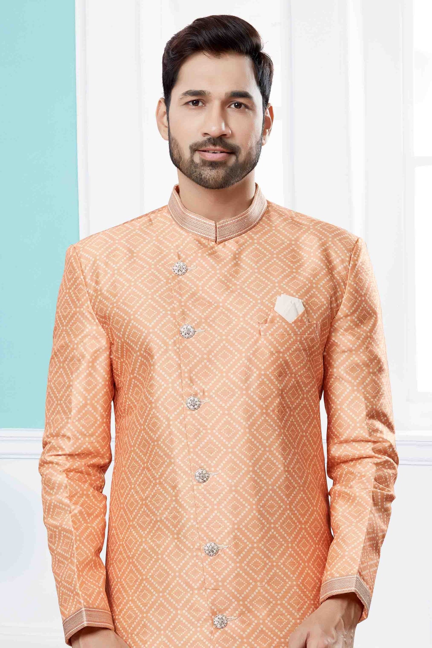 Peach Colour Indo Western In Jacquard Fabric SH1040441 A