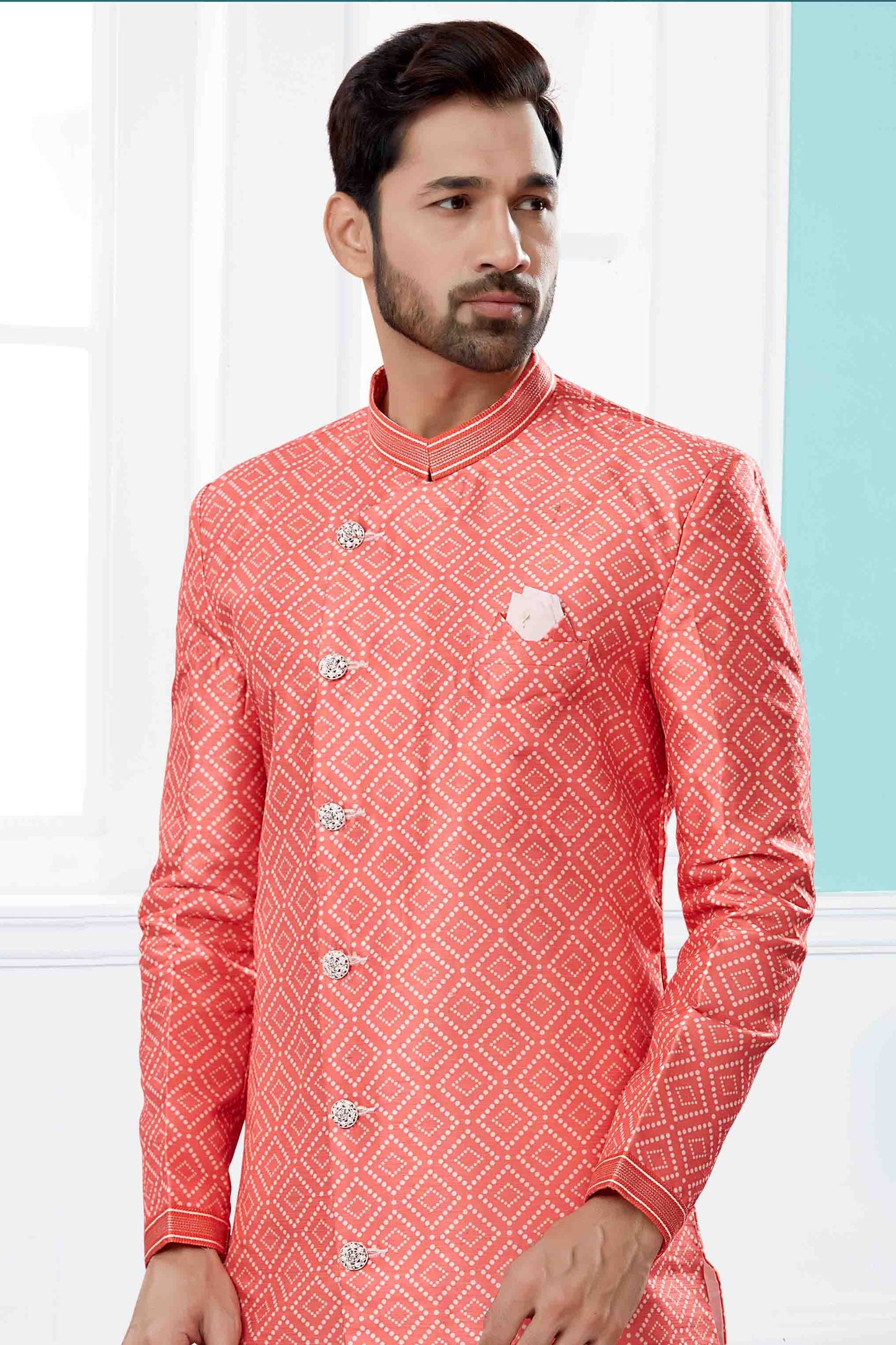 Peach Colour Indo Western In Jacquard Fabric SH1040444 A