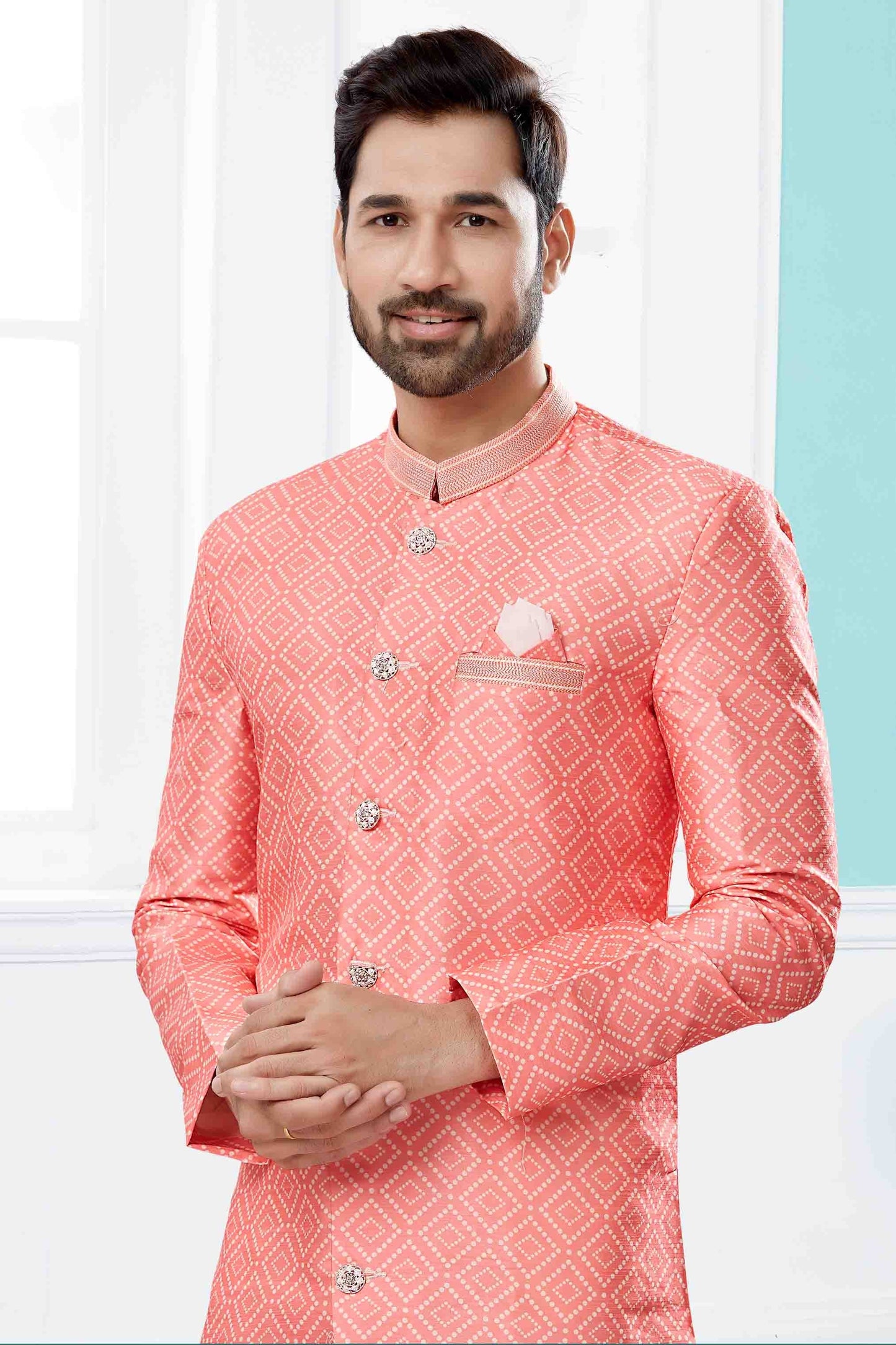 Peach Colour Indo Western In Jacquard Fabric SH1040450 A