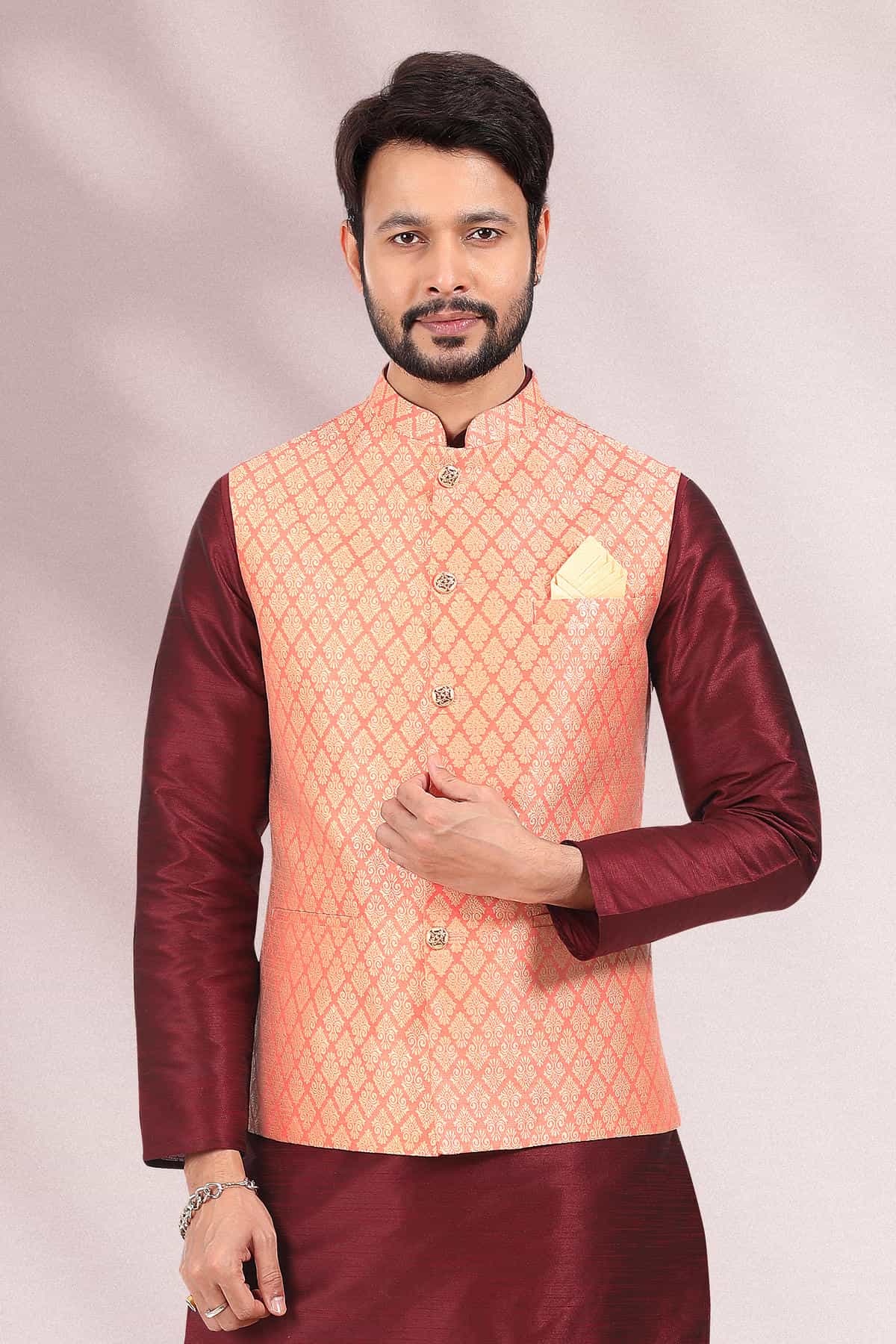 Peach Colour Jacquard Banarasi Silk Woven Work Kurta Pajama With Jacket