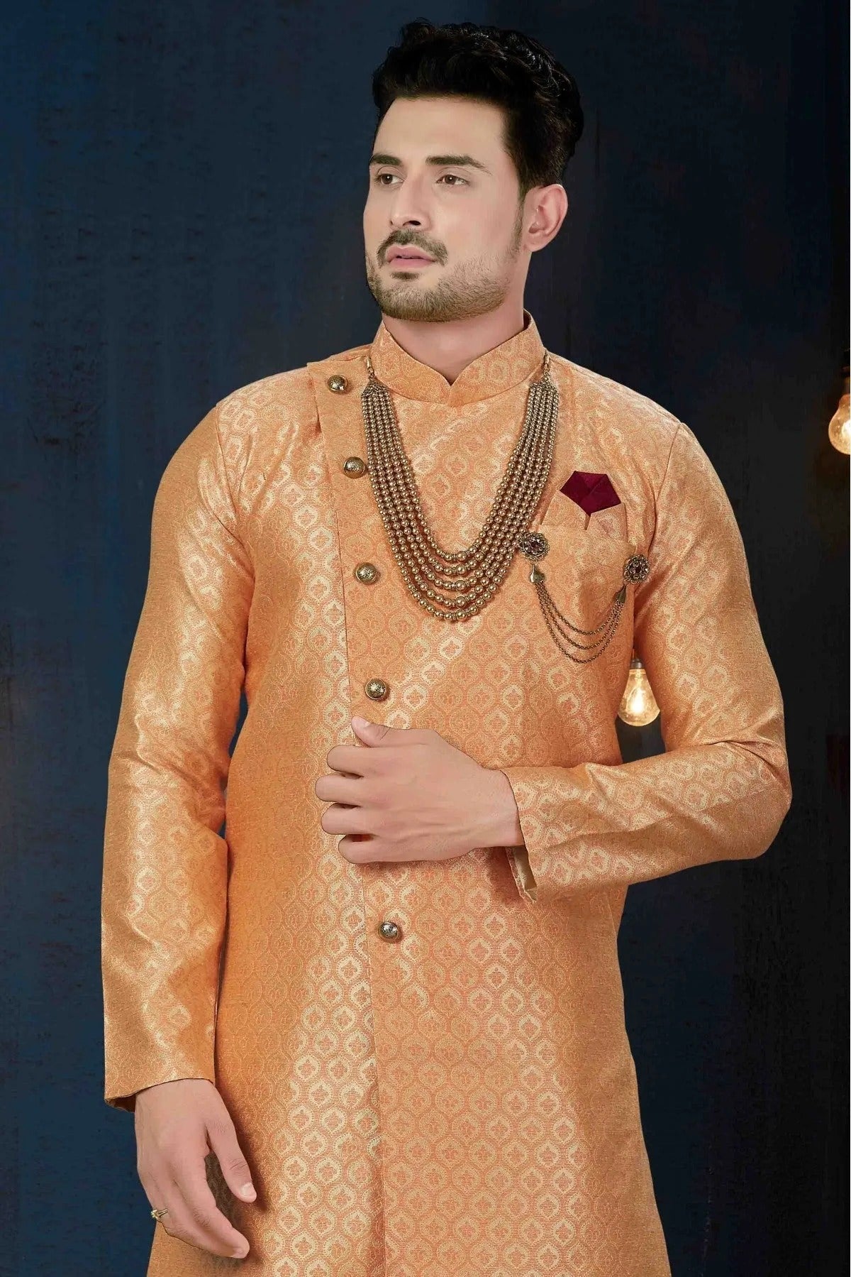 Peach Colour Jacquard Party Wear Dhoti Sherwani SH1040213 A