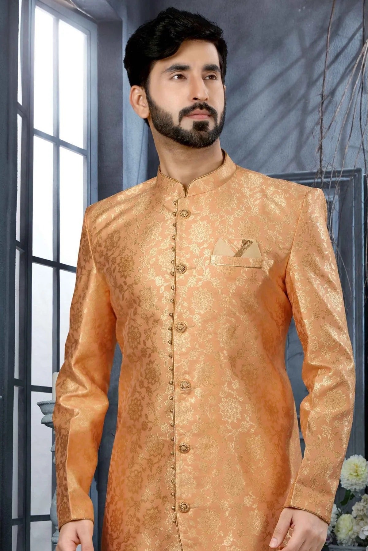 Peach Colour Jacquard Woven Sherwani SH1040313 A