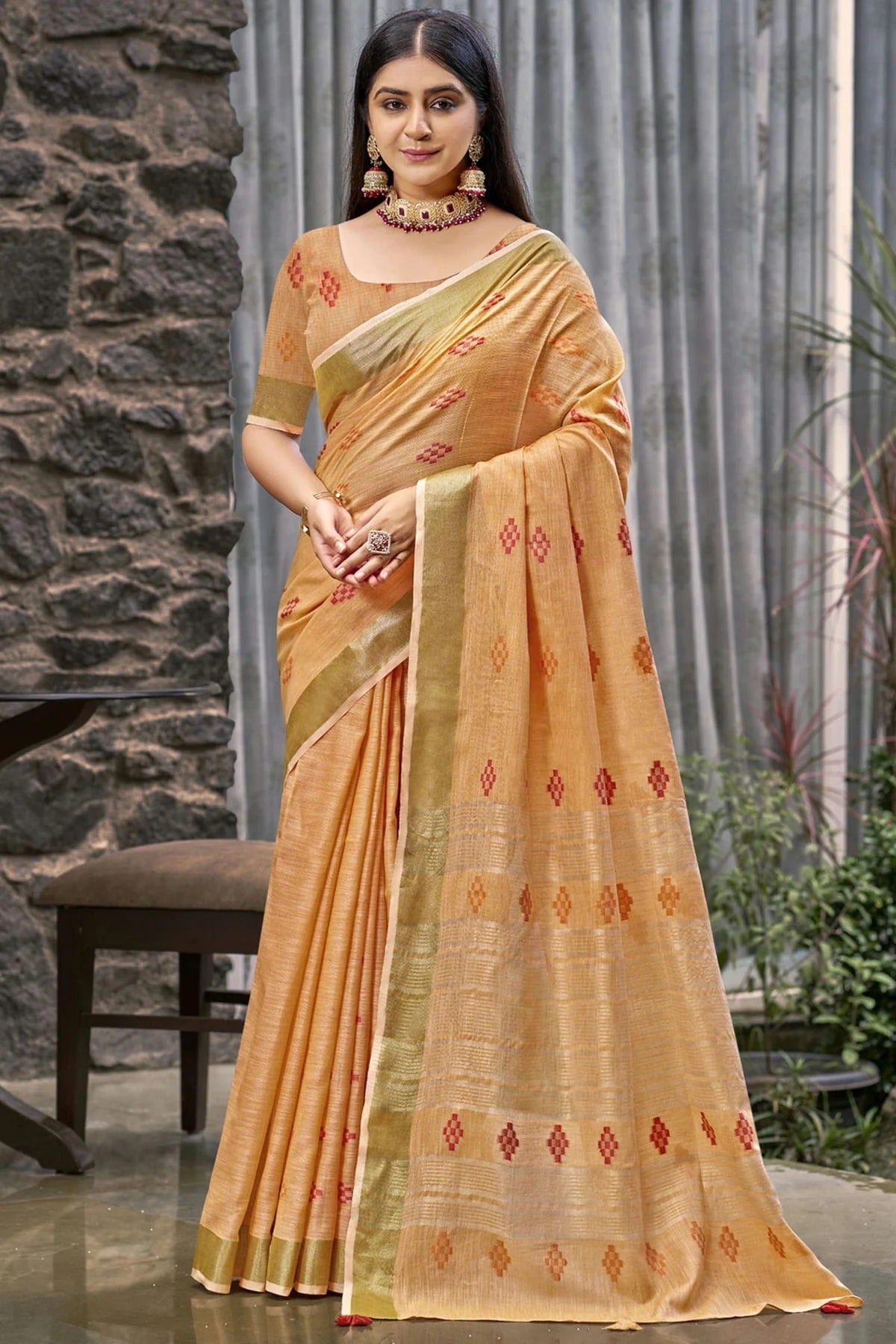 Peach Colour Linen Woven Work Traditional Saree SD1103142