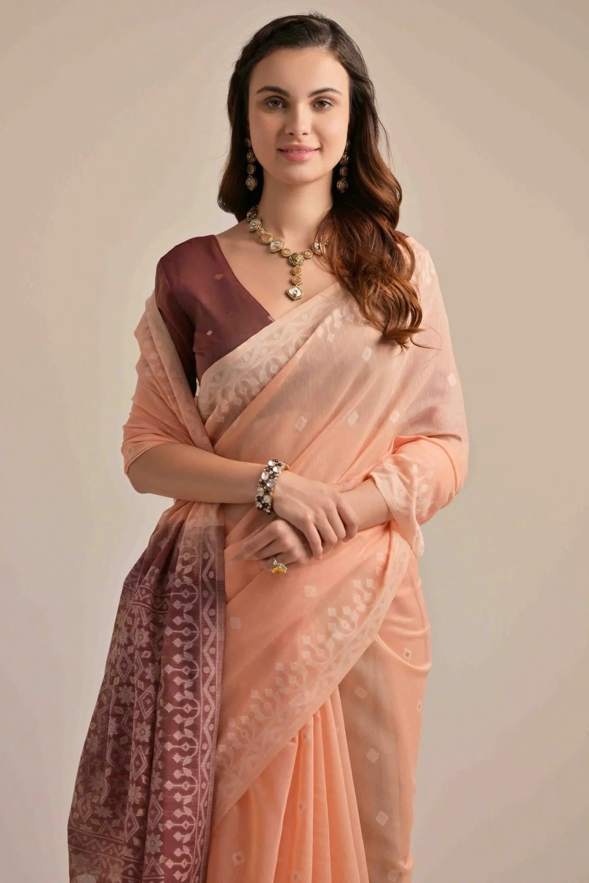 Peach Colour Muga Cotton Traditional Saree SD1260095 B