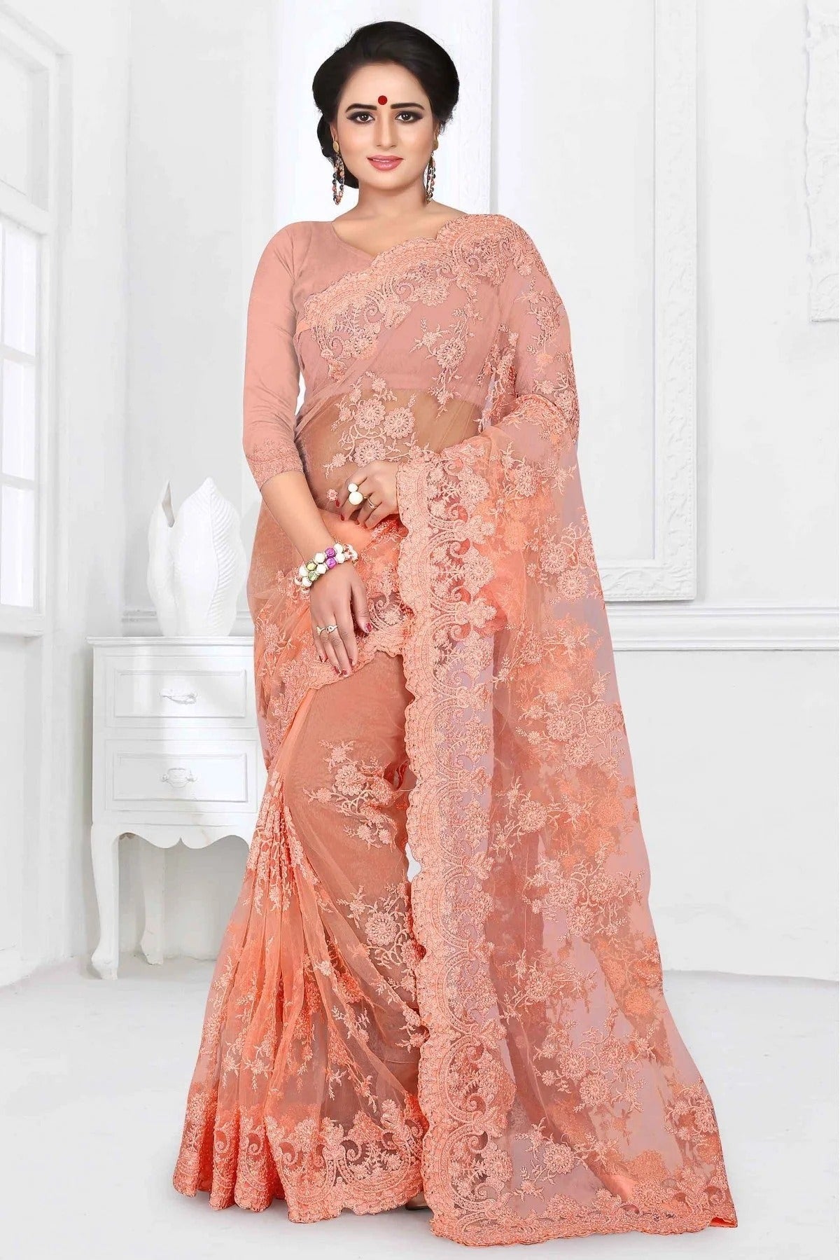 Peach Colour Net Designer Saree SD1090033