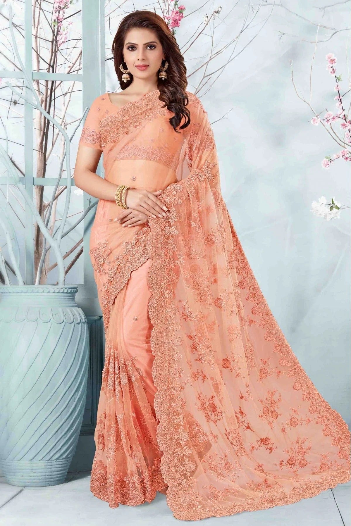 Peach Colour Net Designer Saree SD1090054