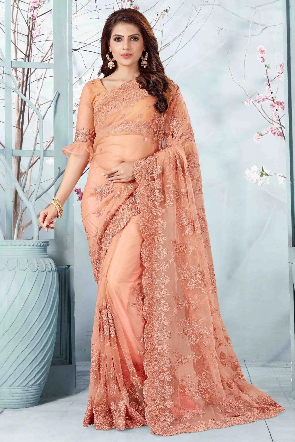 Peach Colour Net Designer Saree SD1090062