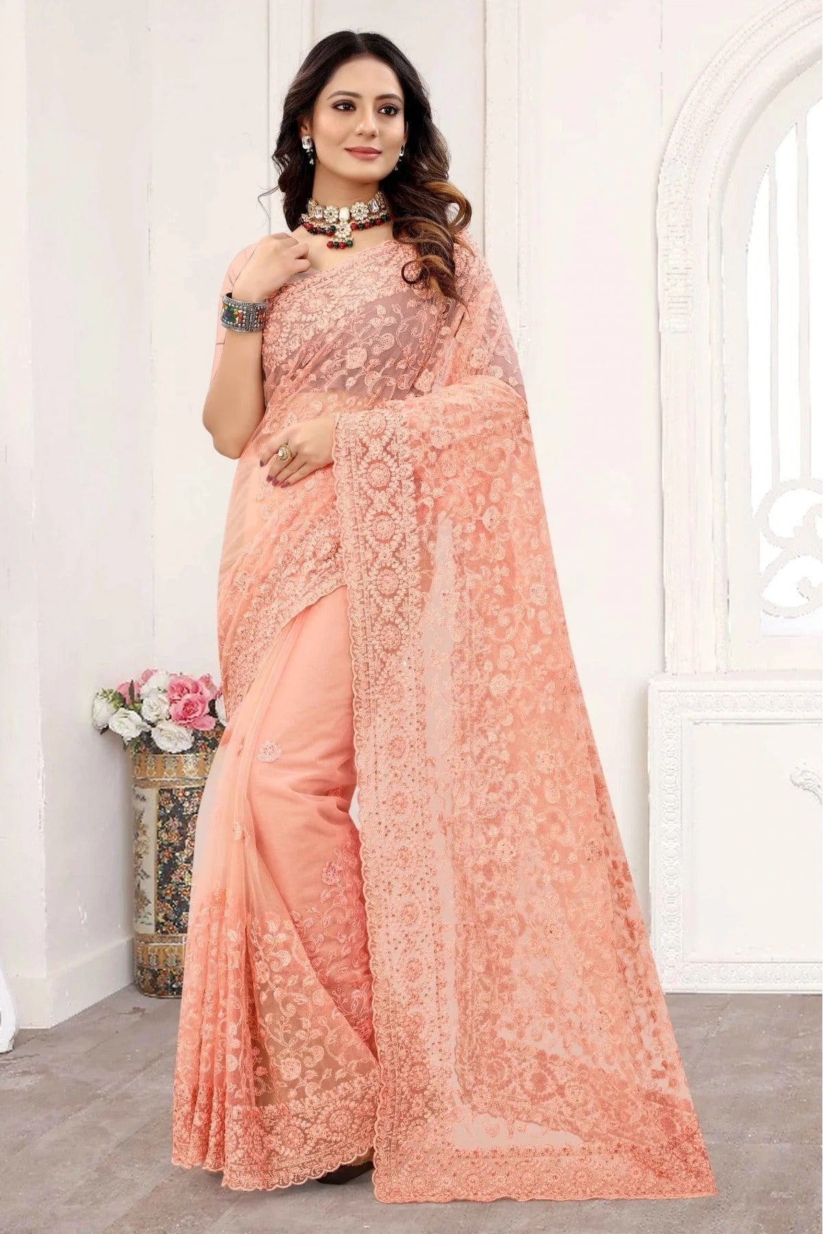 Peach Colour Net Designer Saree SD1090241