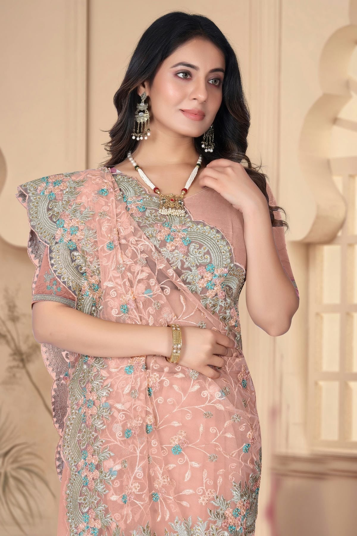 Peach Colour Net Designer Saree SD1091086 A