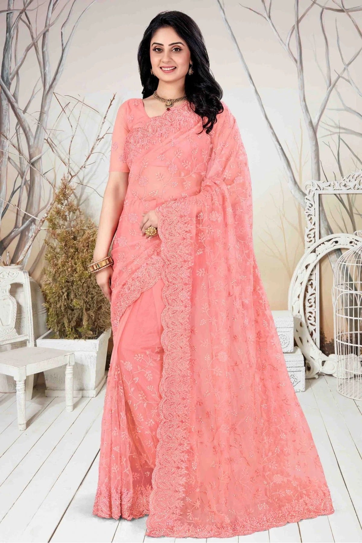 Peach Colour Net Embroidery Saree SD1090118