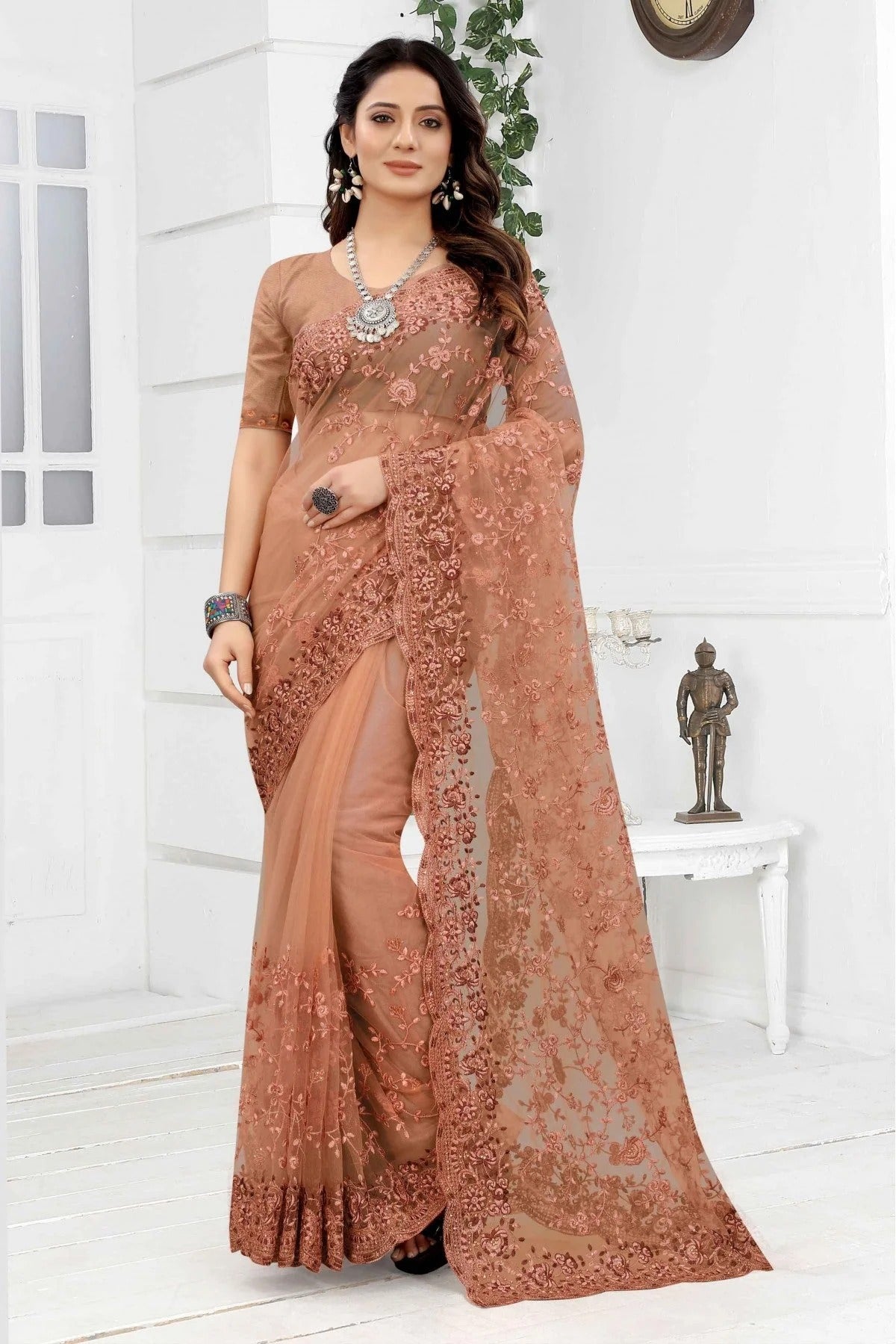 Peach Colour Net Embroidery Saree SD1090260