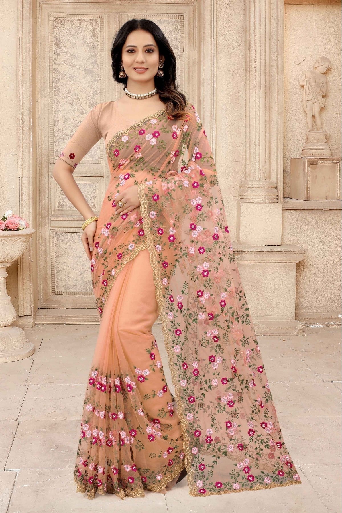 Peach Colour Net Embroidery Saree SD1090315