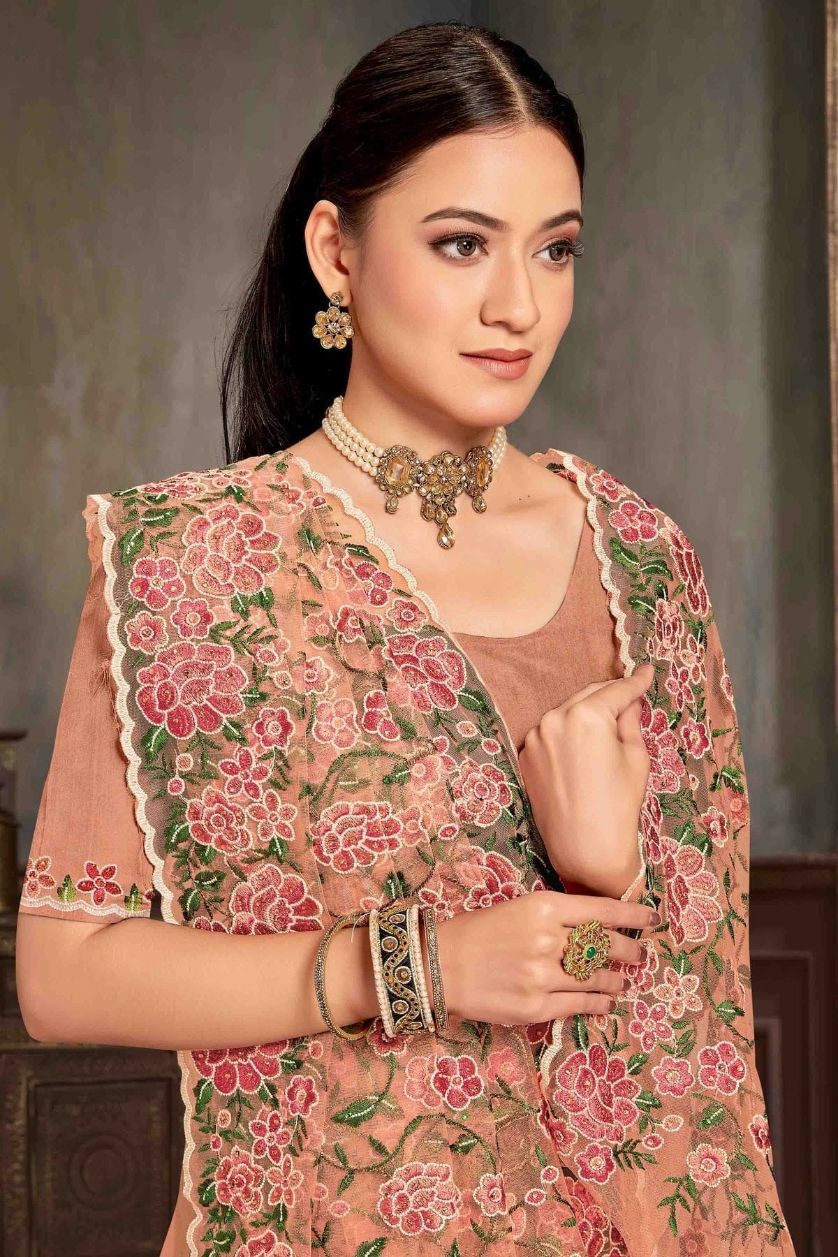 Peach Colour Net Embroidery Work Designer Saree SD1091235 A