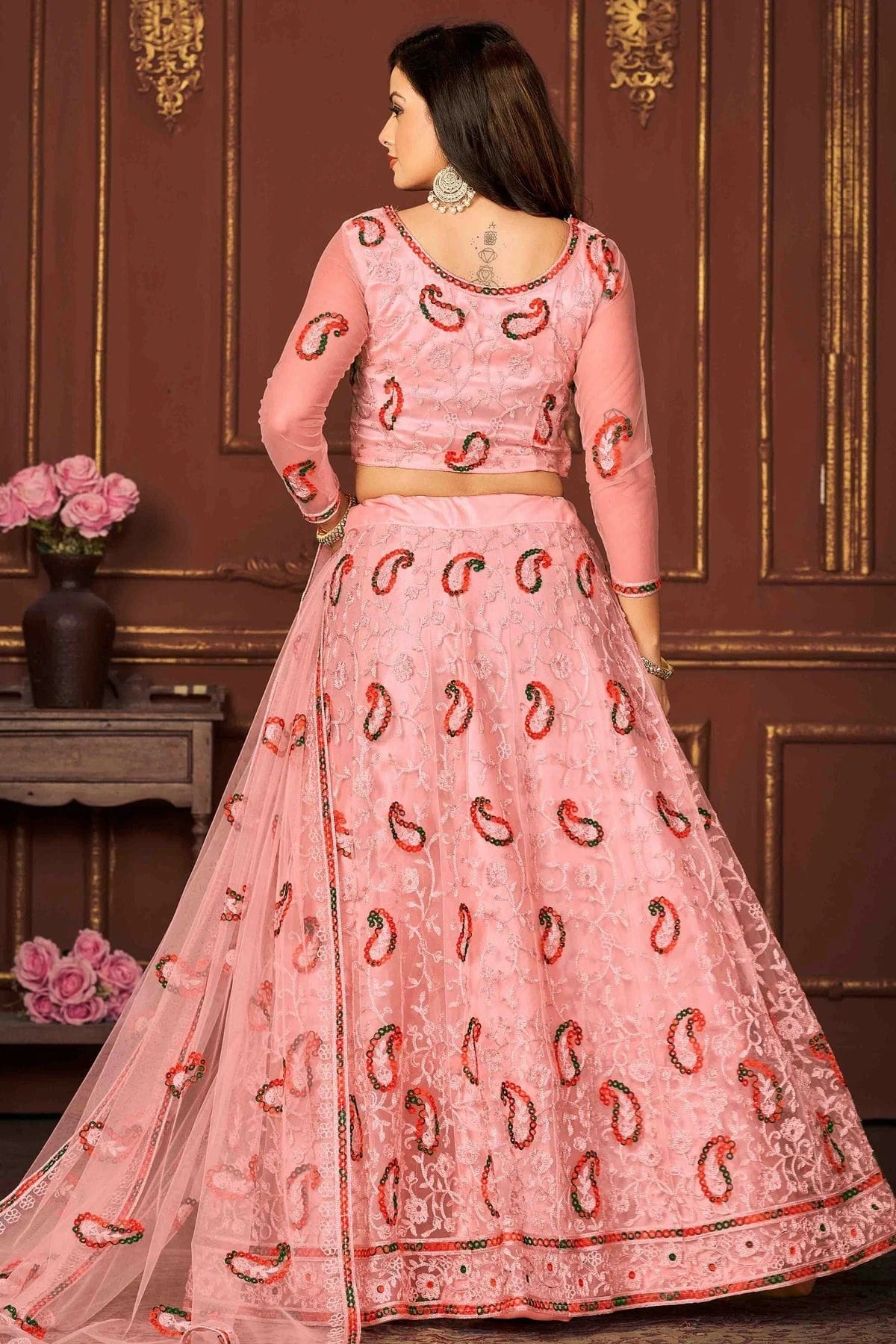 Peach Colour Net Semi Stitched Lehenga Choli LC1170068 B