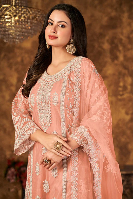 Peach Colour Net Semi Stitched Palazzo Pant Suit SM1050340 A