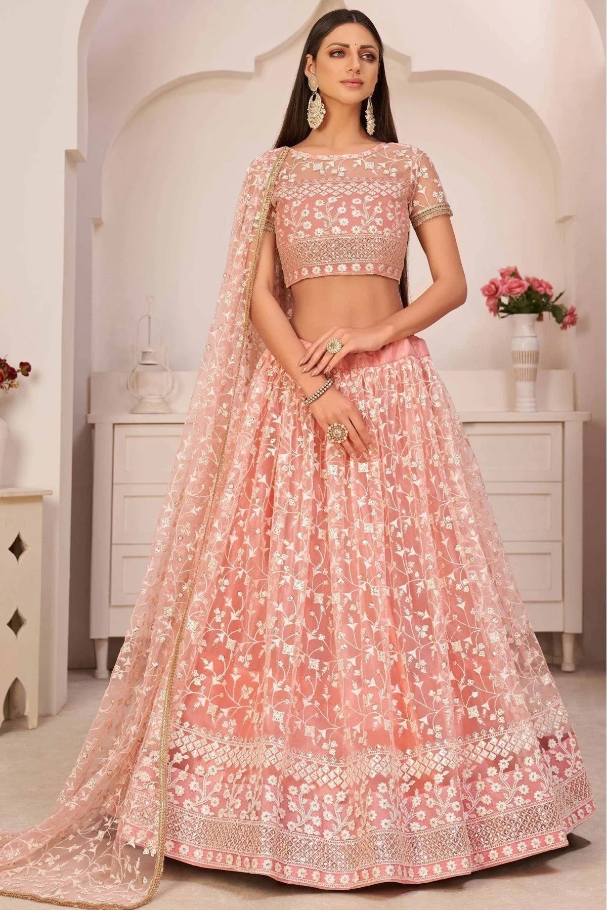 Peach Colour Net Thread Work Lehenga Choli LC1080622