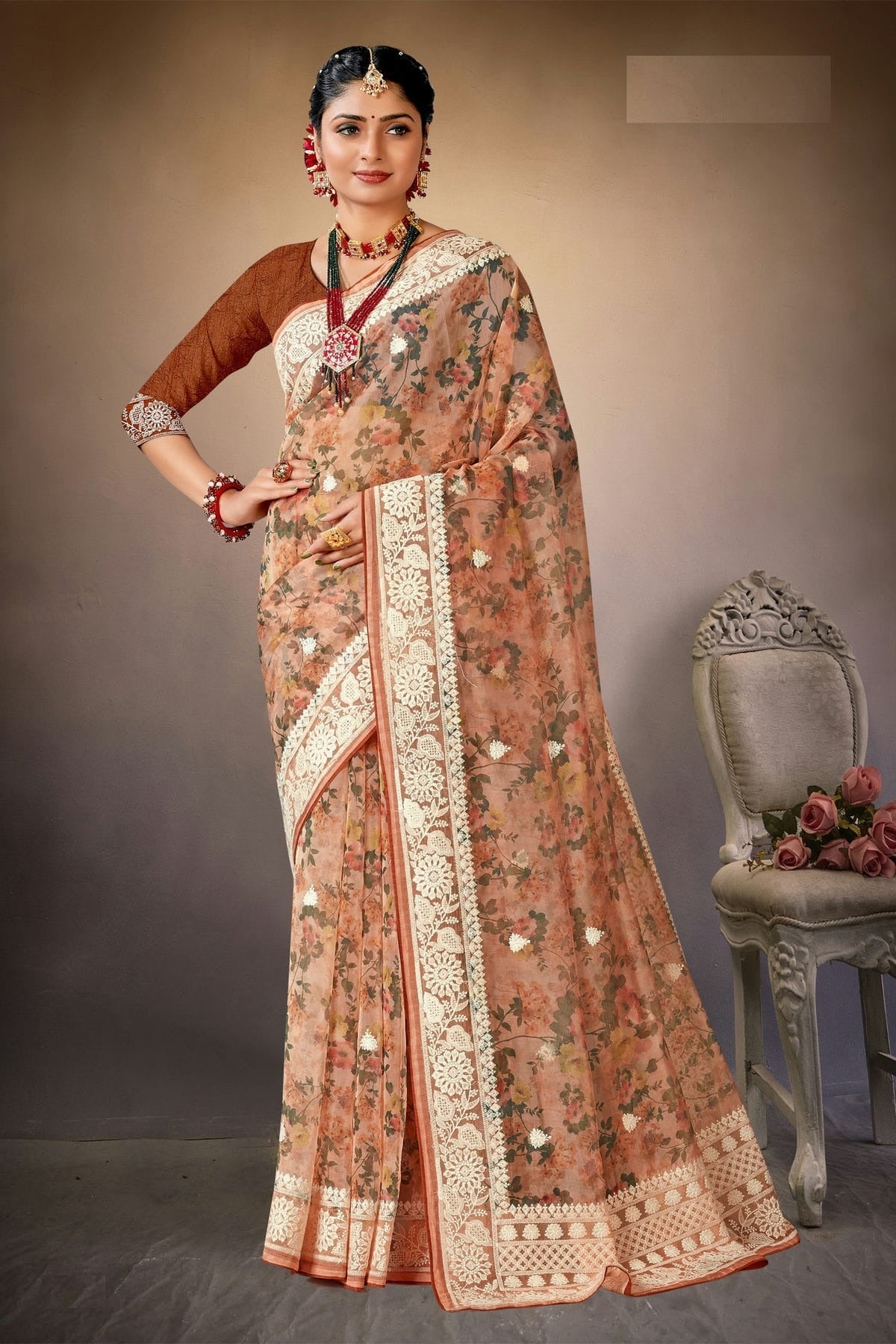 Peach Colour Organza Printed Saree LC1121577