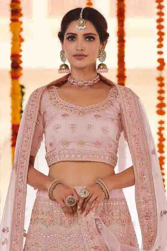 Peach Colour Organza Thread Work Lehenga Choli LC1080157 A