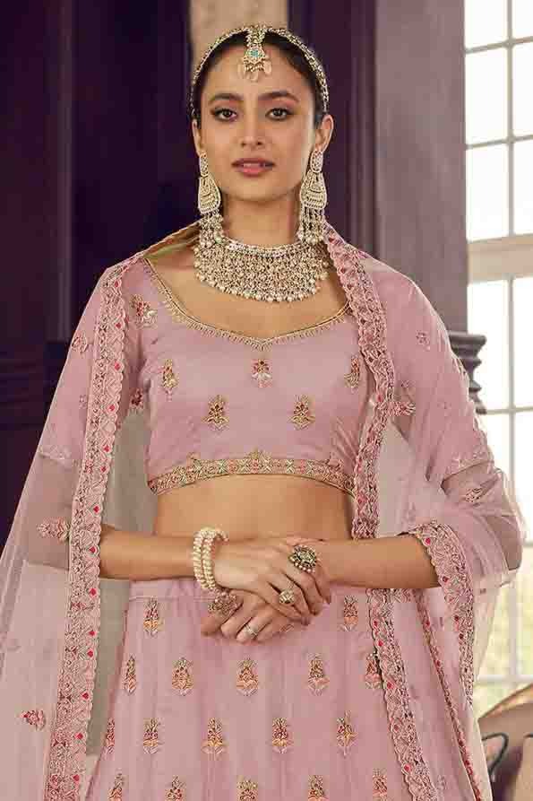 Peach Colour Organza Thread Work Lehenga Choli LC1080164 A
