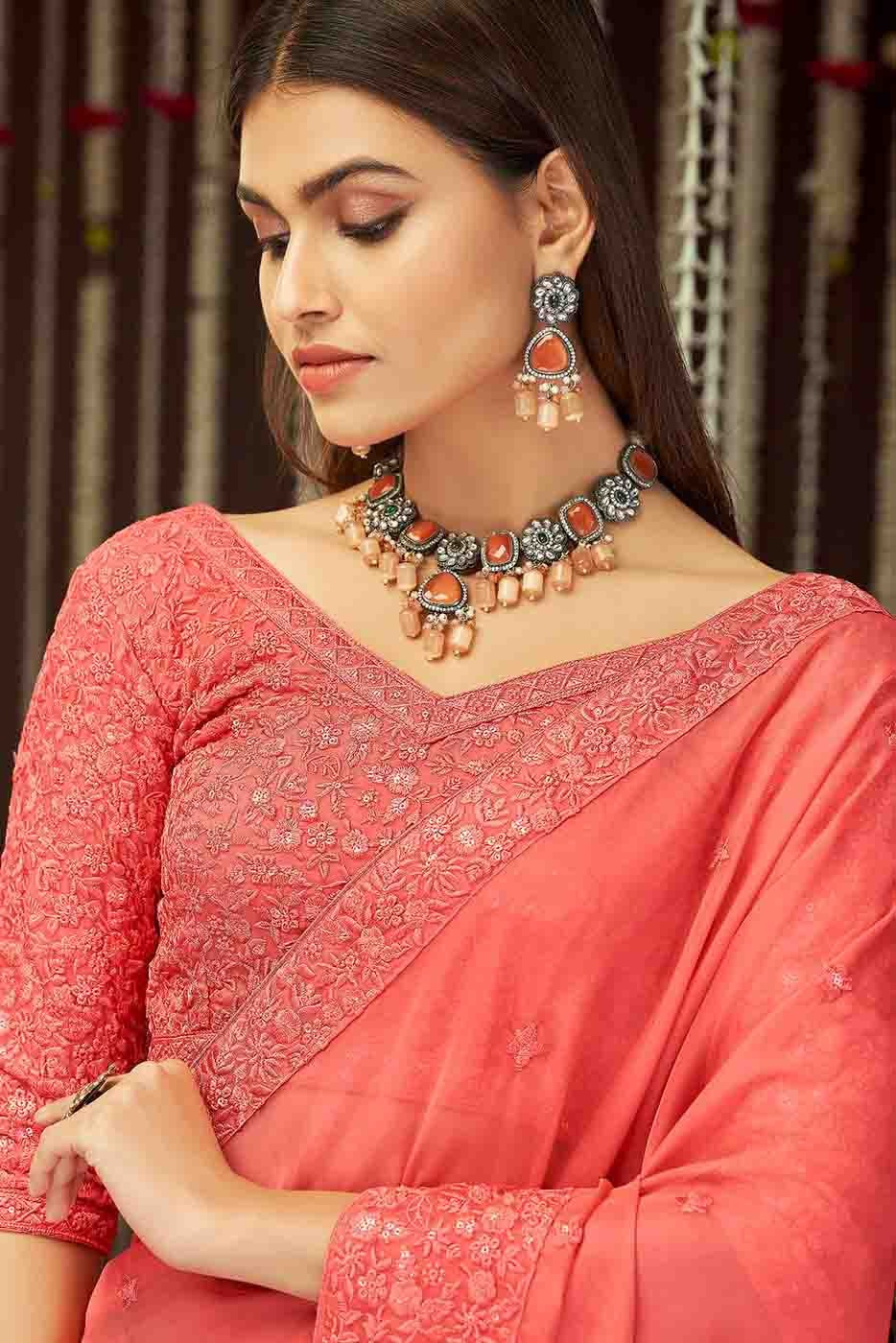 Peach Colour Organza Thread Work Saree SD1080069 A