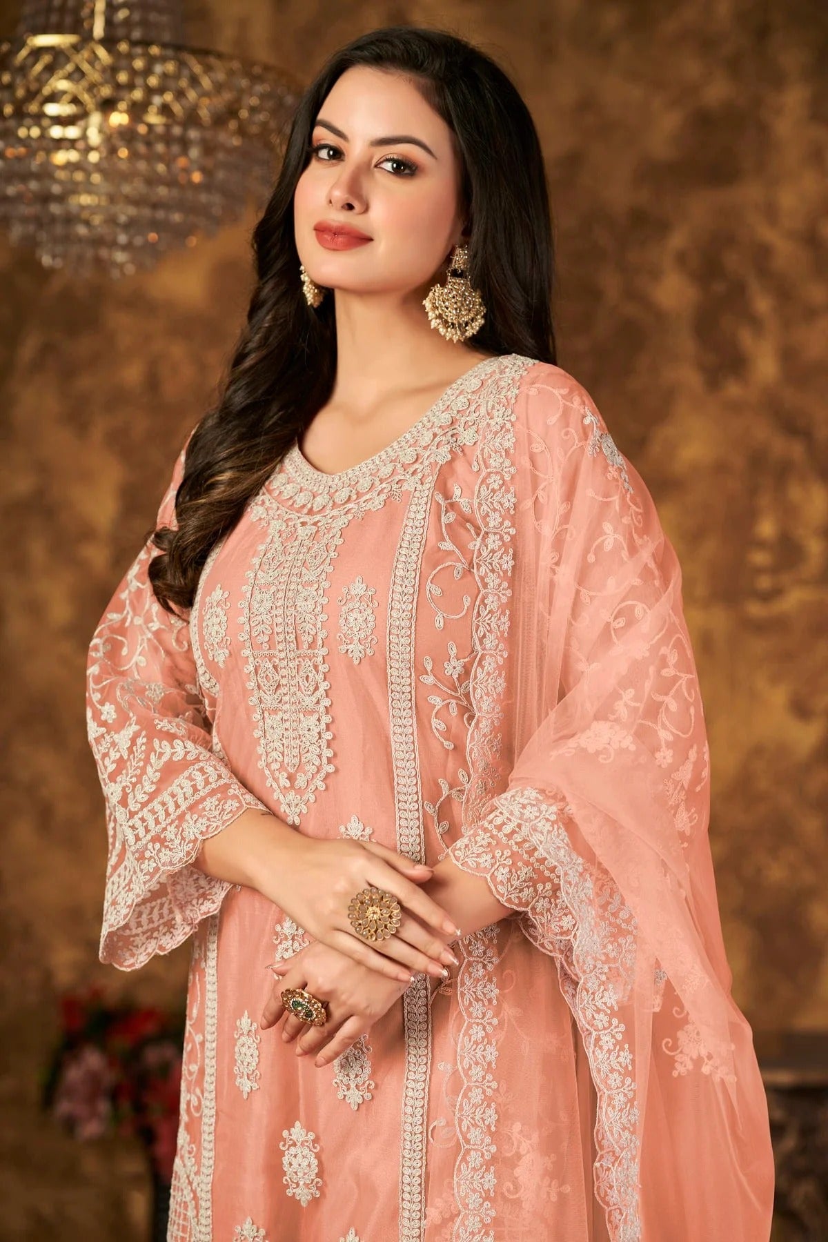 Peach Colour Plazoo Pant Suit Net Semi Stitched SM1050531 A