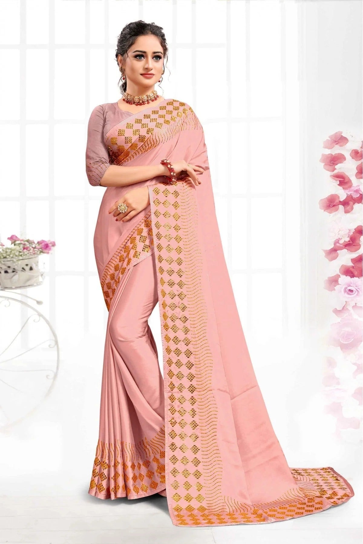 Peach Colour Pure Satin Swarovski Work Saree SD1120342