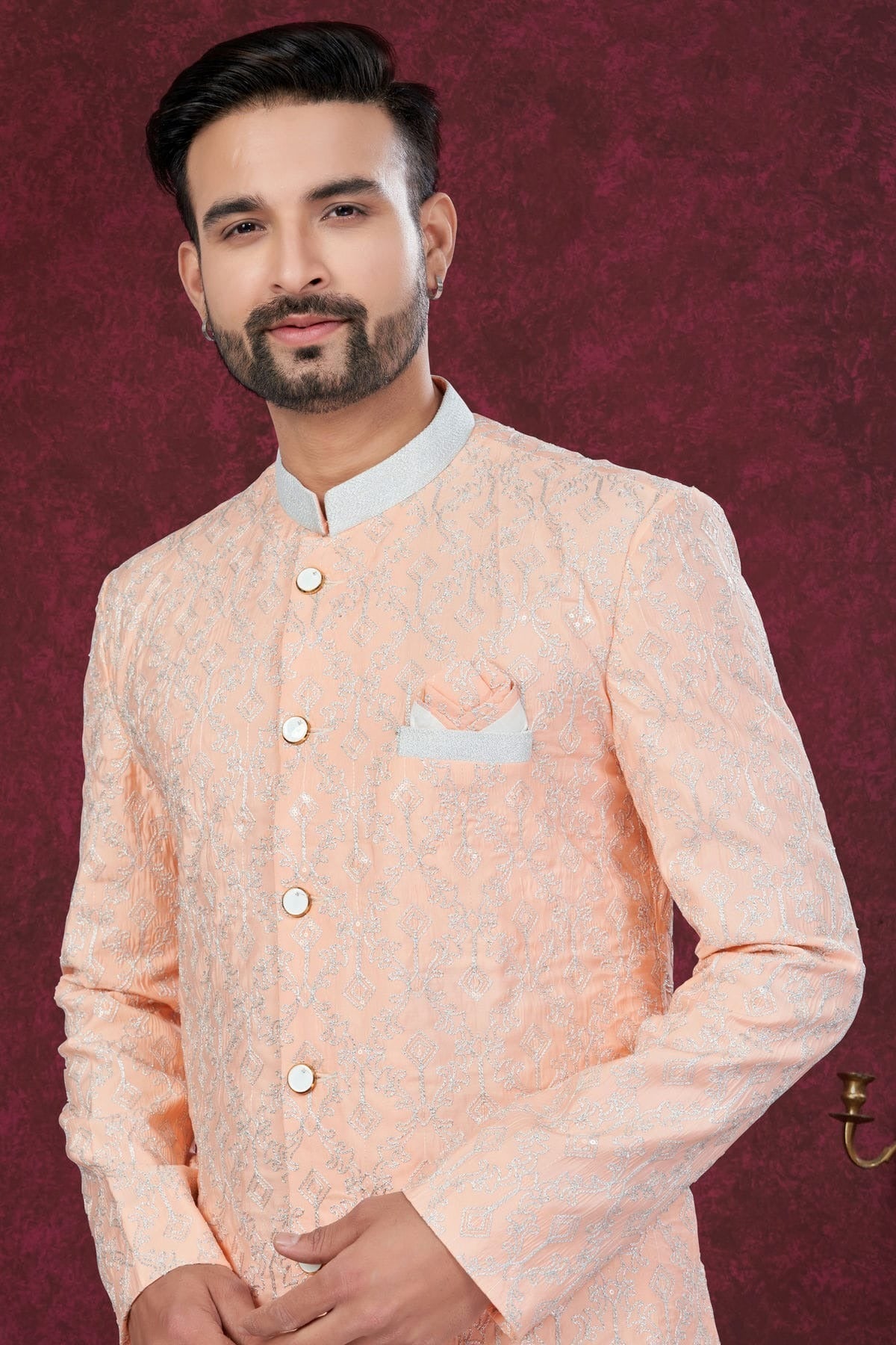Peach Colour Silk Dupion Dhoti Sherwani SH1040640 A
