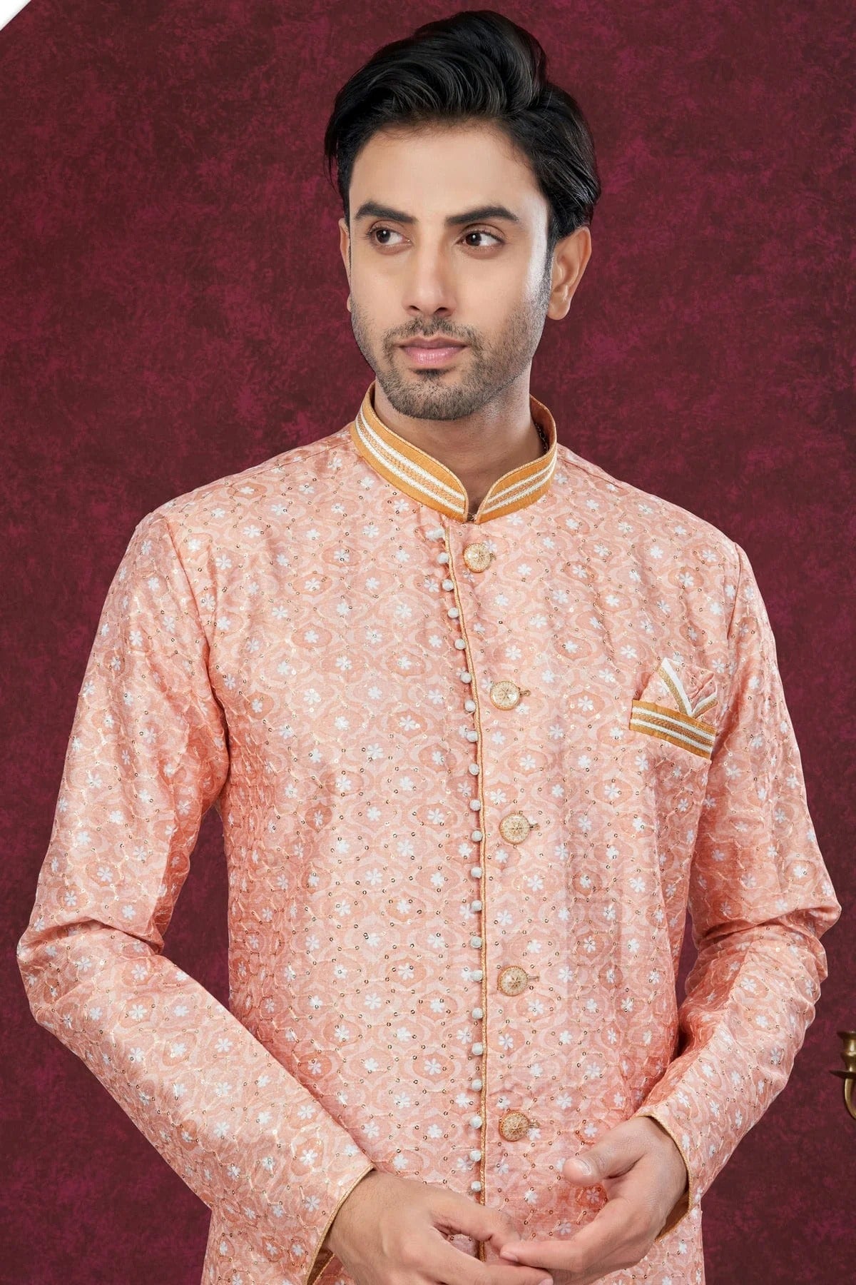 Peach Colour Silk Dupion Sherwani SH1040593 A