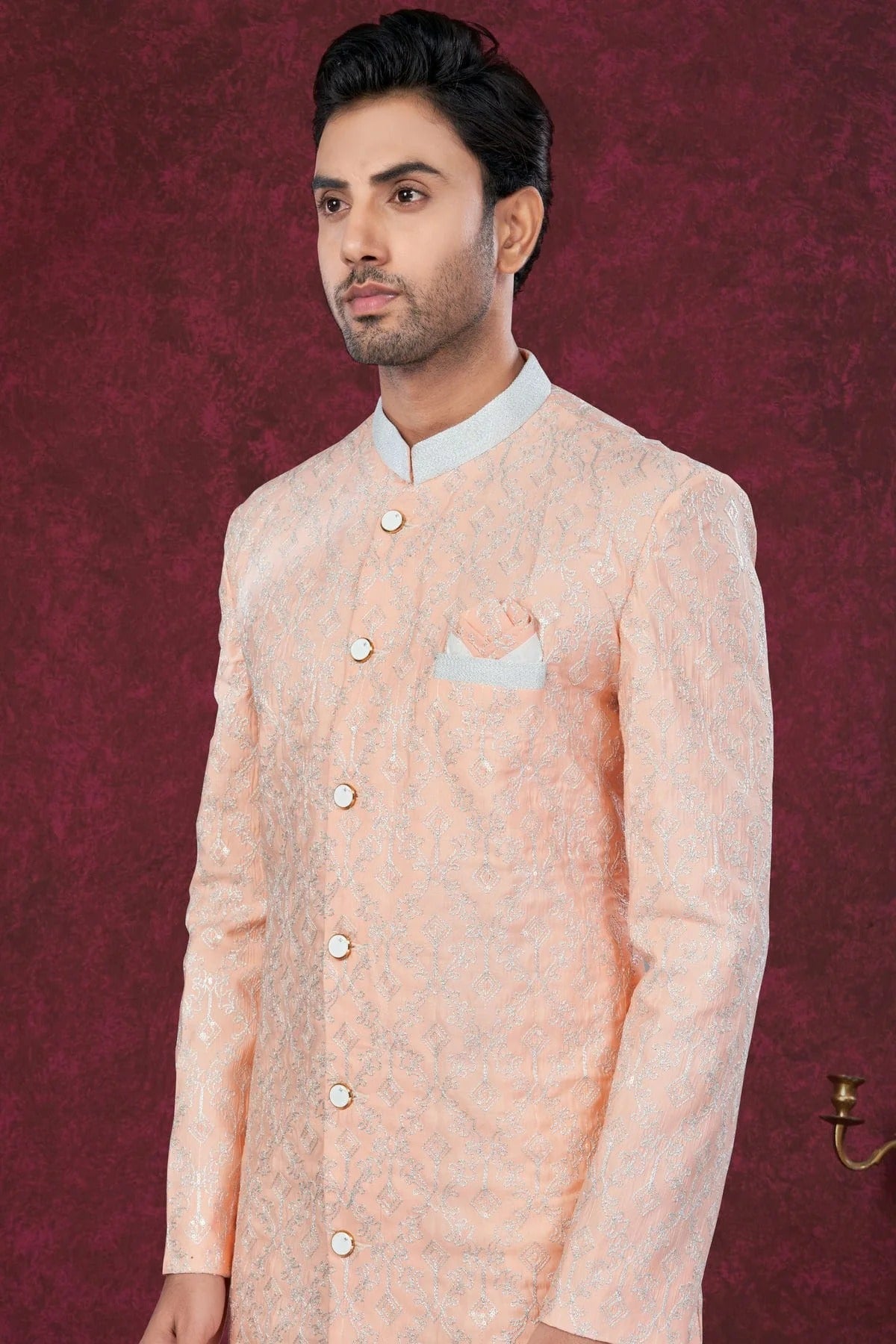 Peach Colour Silk Dupion Sherwani SH1040635 A