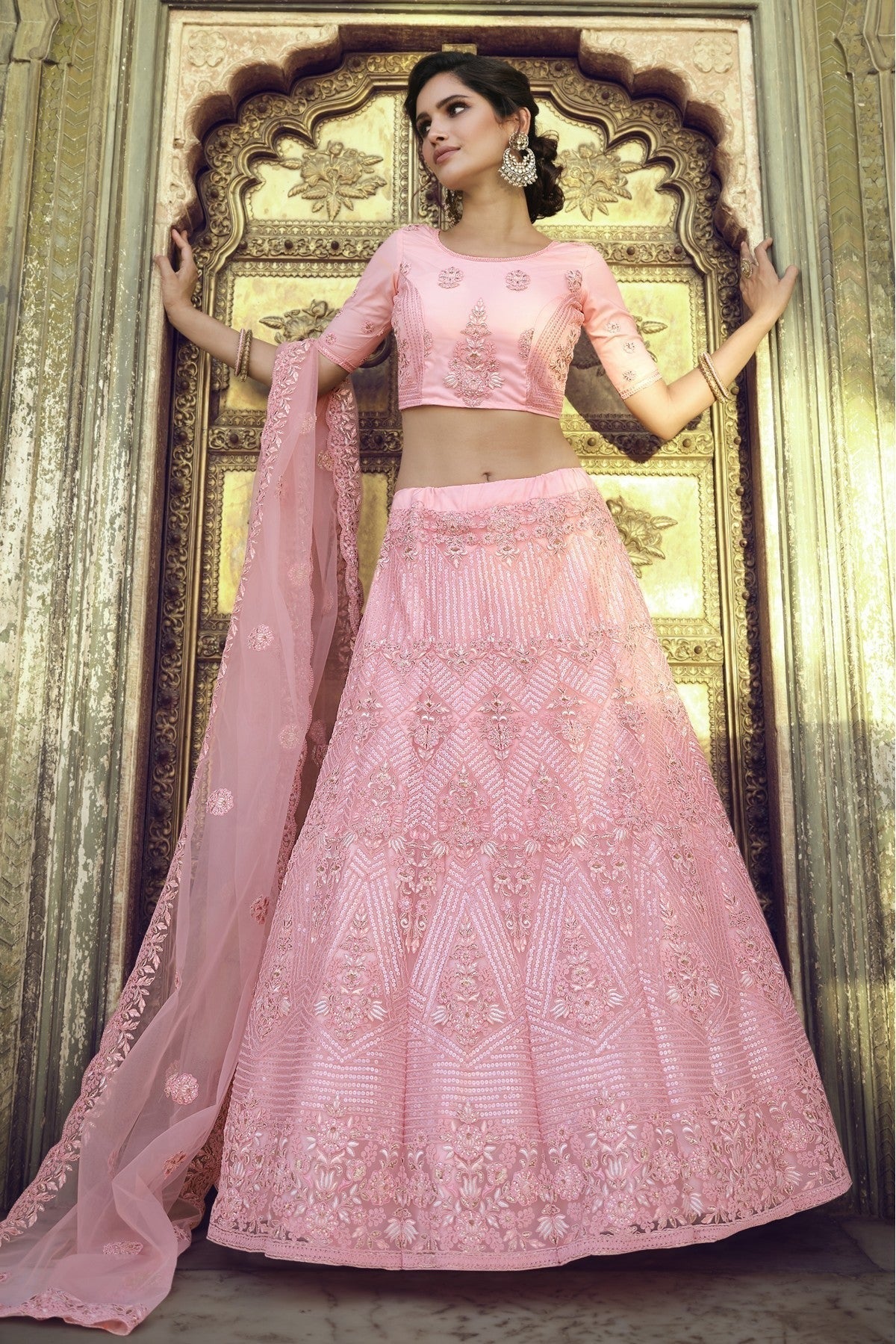 Peach Colour Soft Net Sequins Work Lehenga Choli LC1080570
