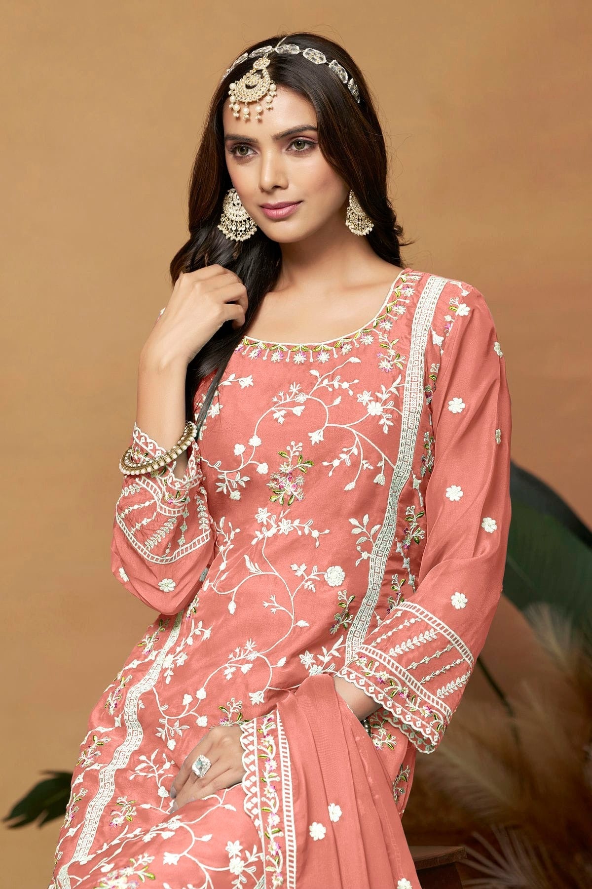 Peach Colour Straight Suit Soft Organza Semi Stitched SM1050539 A