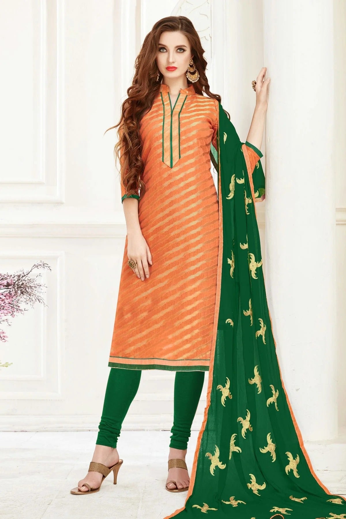 Peach Colour Unstitched Banarasi Jacquard Churidar Suit US1161138